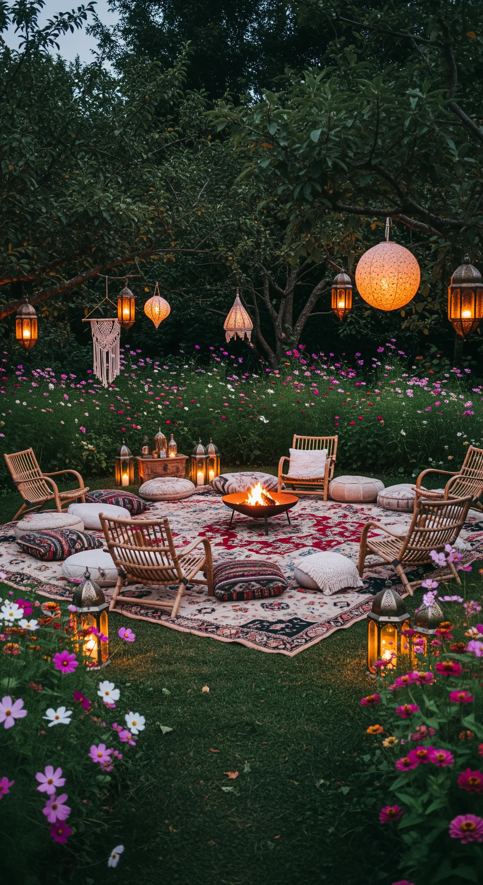 Giardino di notte con braciere, tappeto persiano, sedie in rattan e lanterne appese.