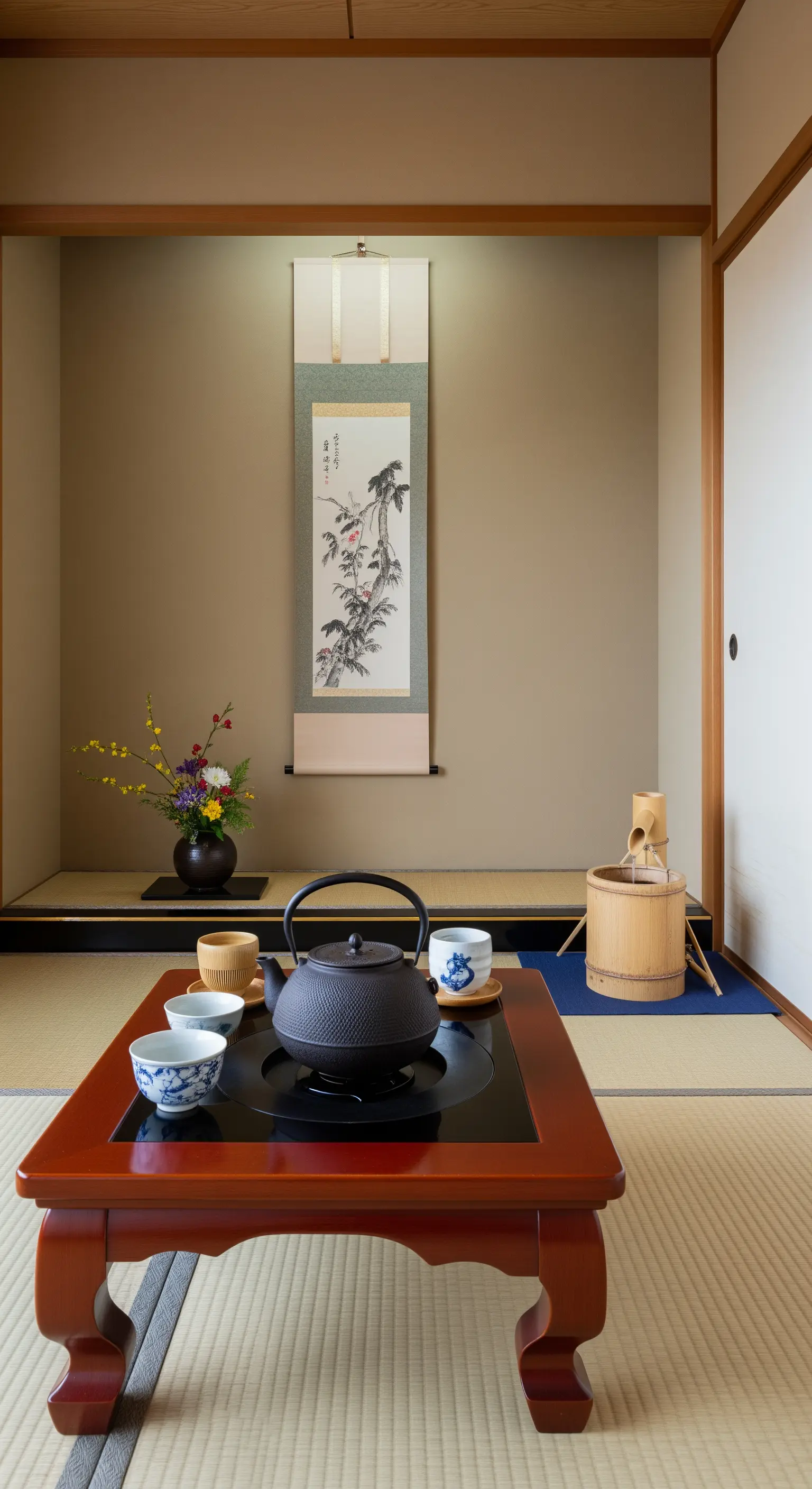 Angolo interno in stile giapponese con tatami, set da tè e una piccola fontana in bambù.