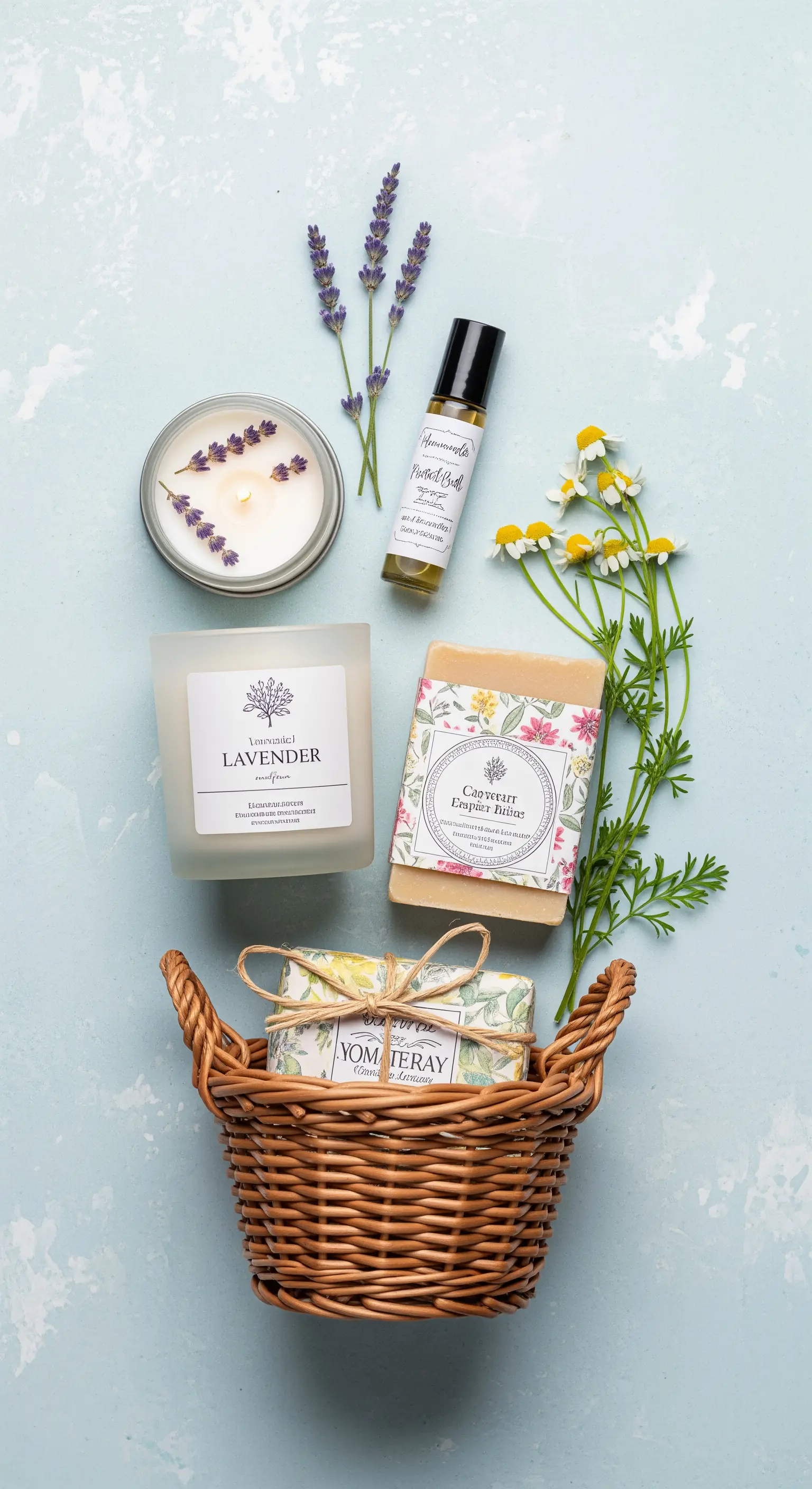 Cestino in vimini con candele, saponi artigianali e oli essenziali a tema lavanda e camomilla.