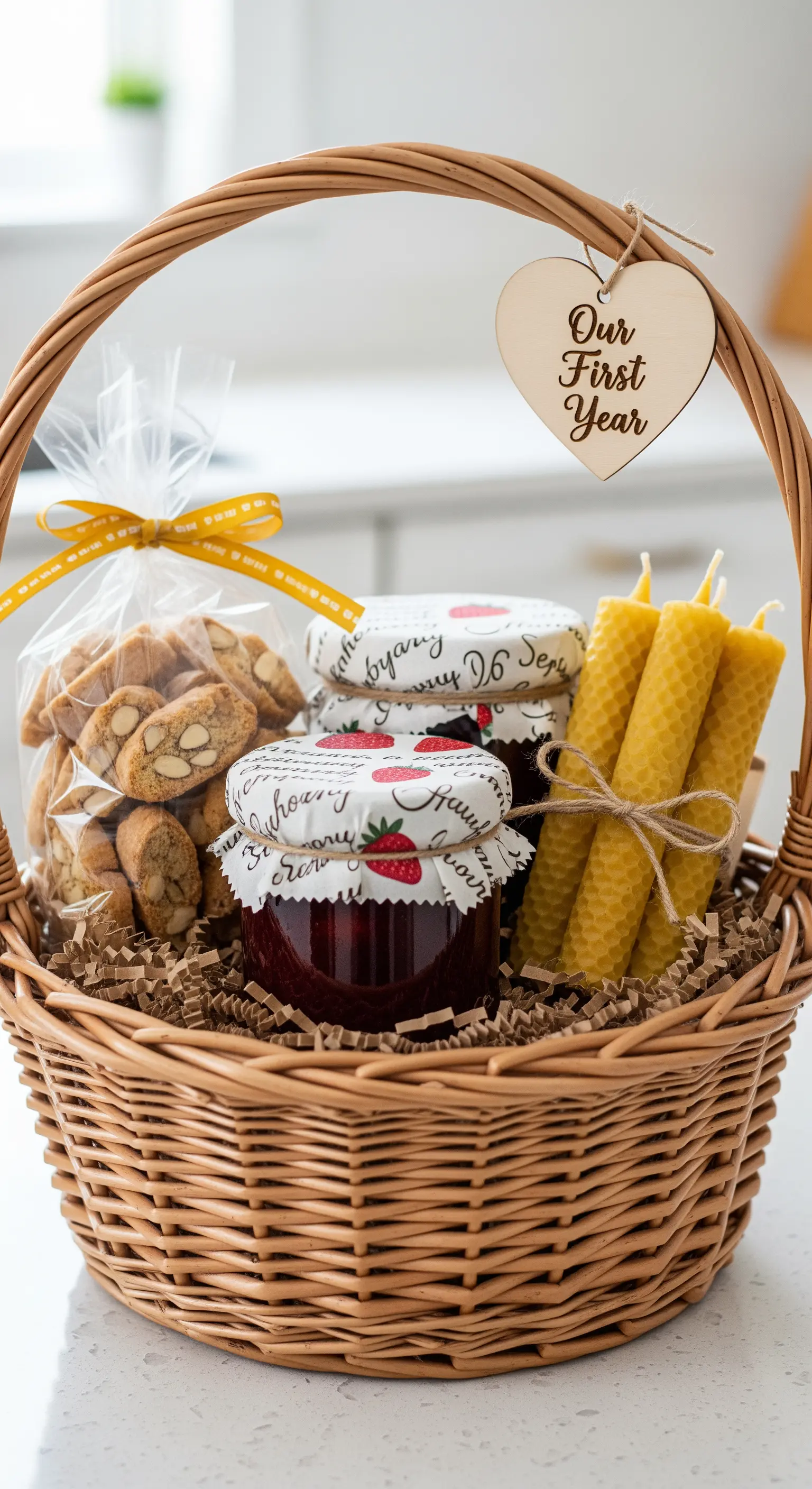 Cesto regalo per anniversario con marmellate, biscotti e candele di cera d'api.
