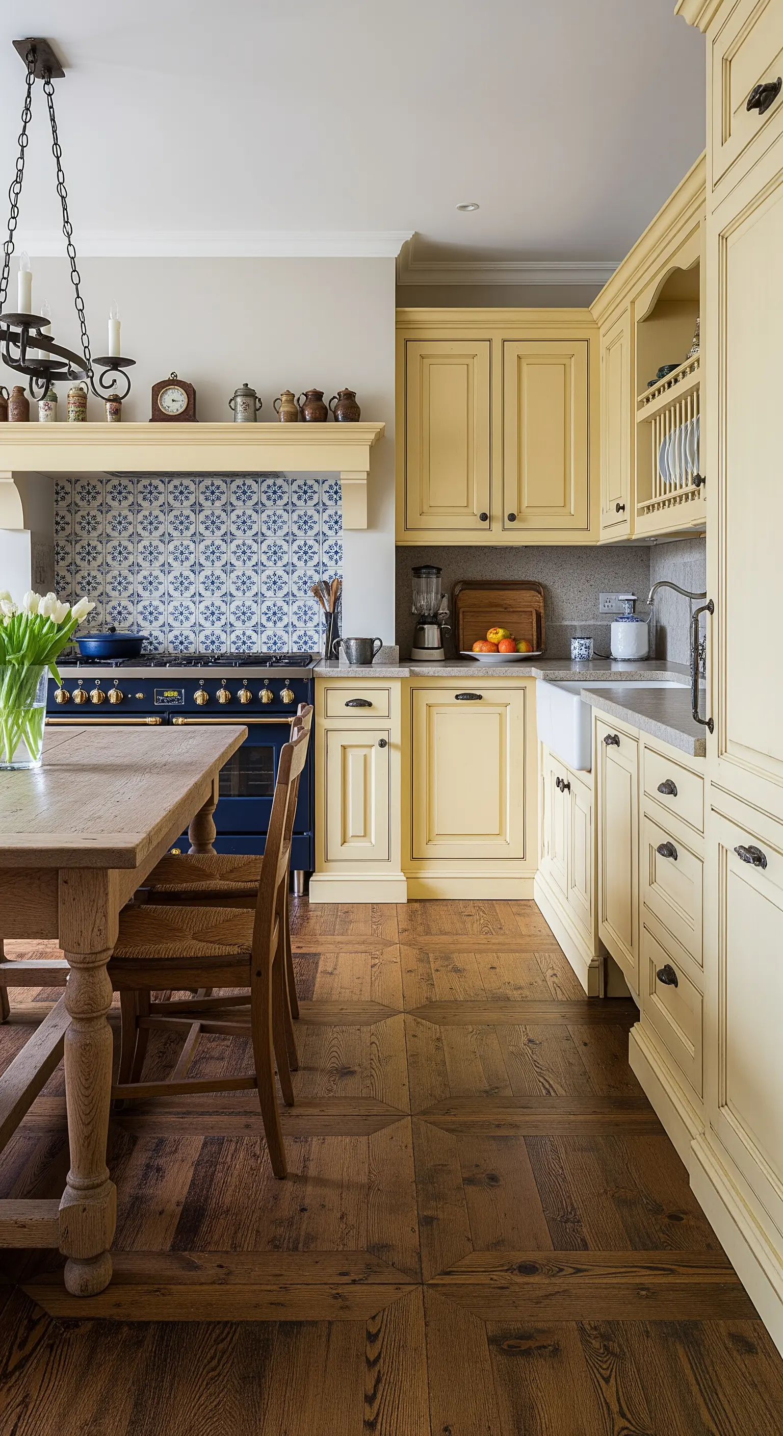Cucina in stile provenzale con mobili gialli, piastrelle blu e bianche e un grande tavolo in legno.
