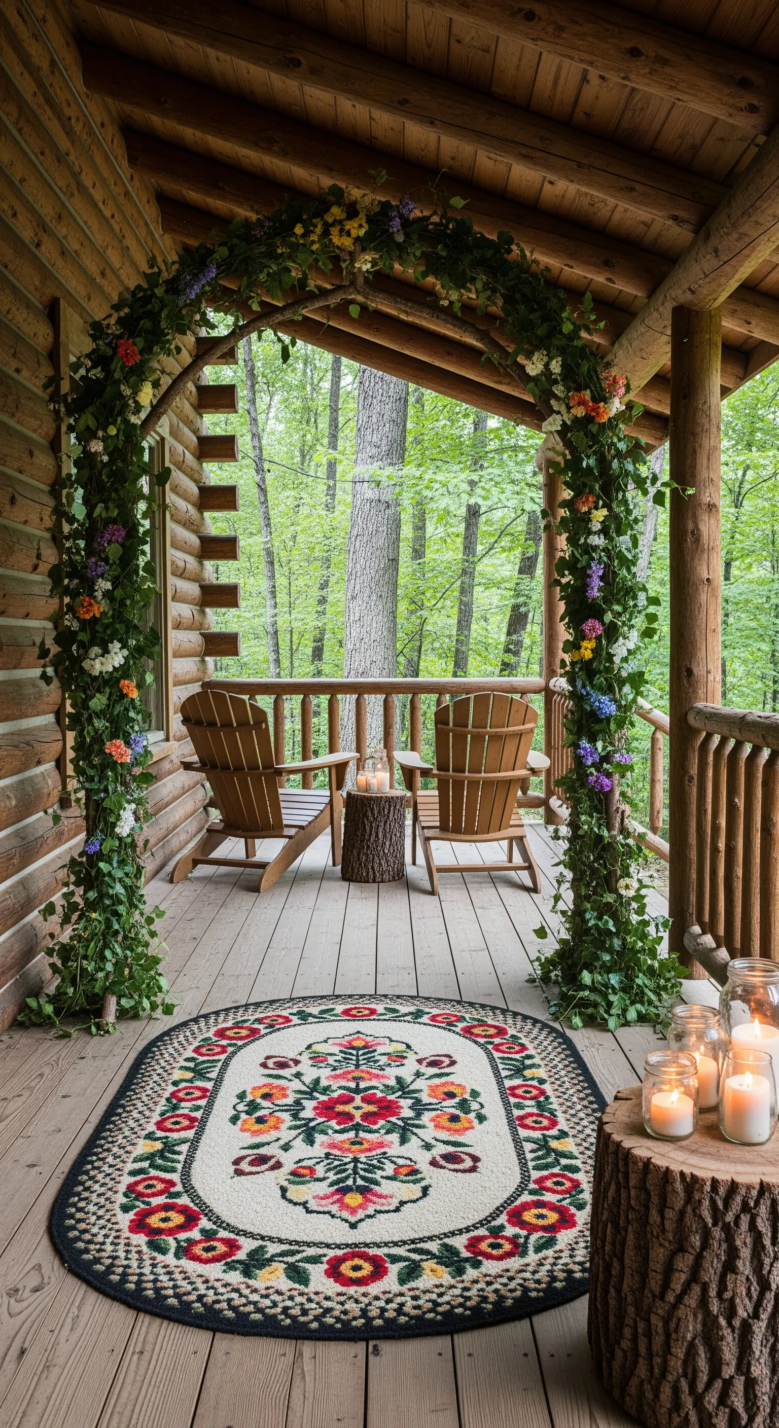 Portico di una baita in legno con un arco di fiori selvatici e sedie Adirondack