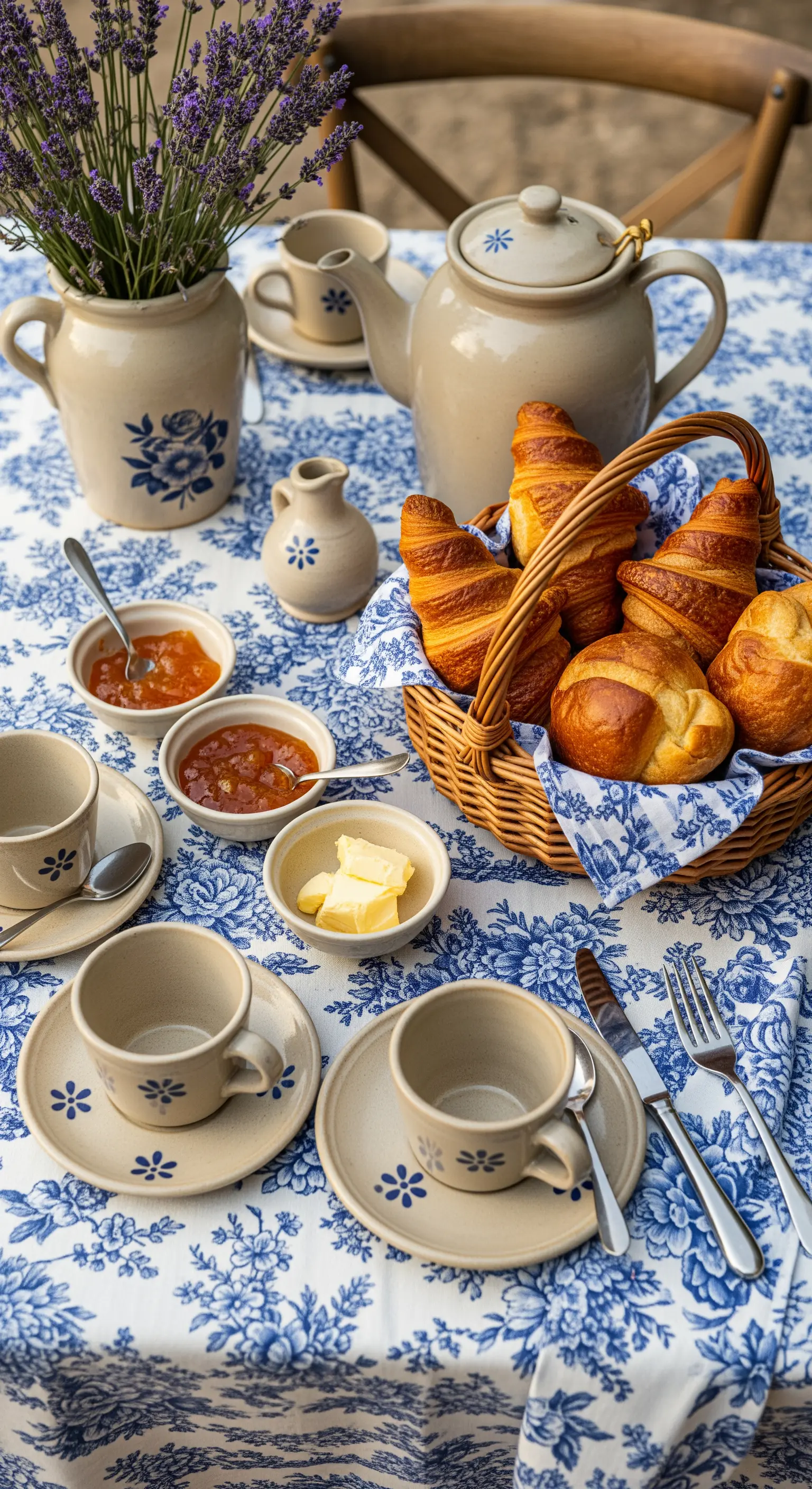 Tavola da tè in stile provenzale con tovaglia blu e bianca, ceramiche grezze e lavanda