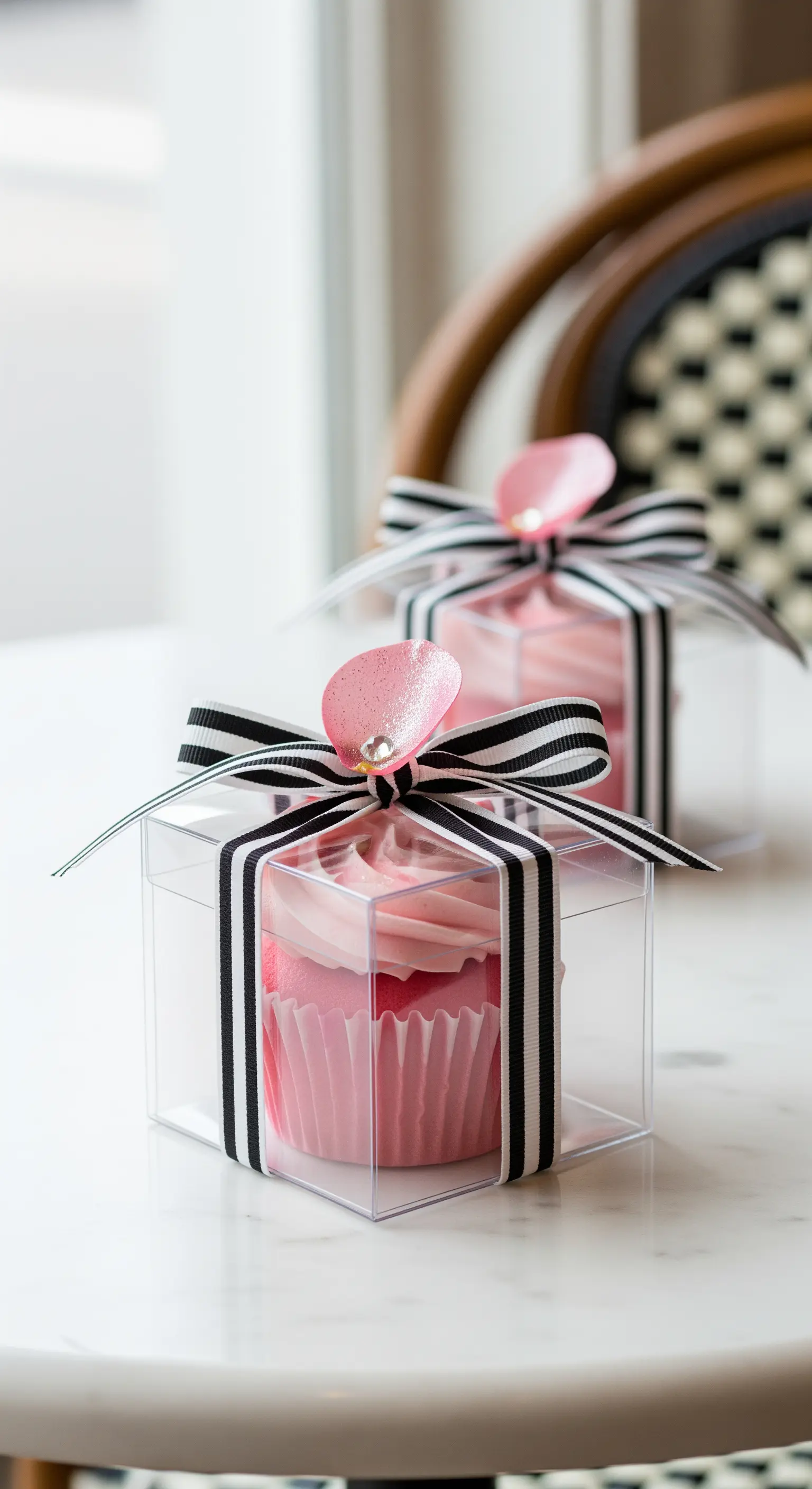 Cupcake rosa in scatola trasparente con fiocco a righe bianche e nere.