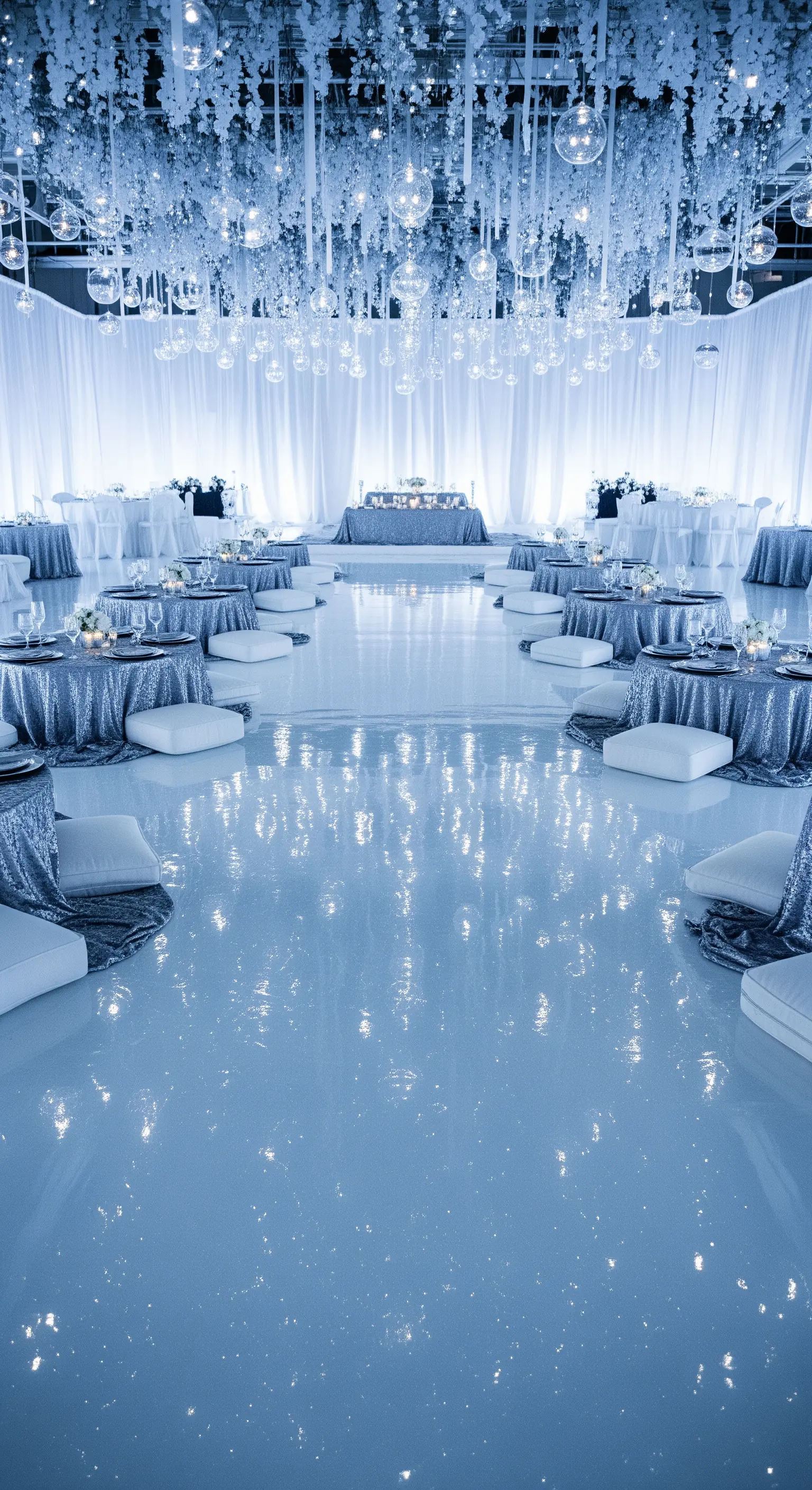 Sala per eventi con pavimento bianco lucido, tovaglie argento e installazione floreale sospesa.