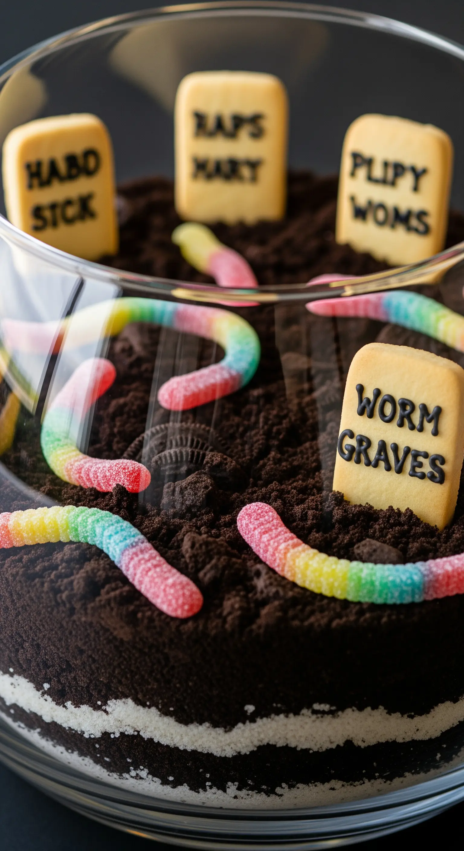 Dessert a strati in una coppa di vetro che simula un cimitero con vermi gommosi e lapidi di biscotto.