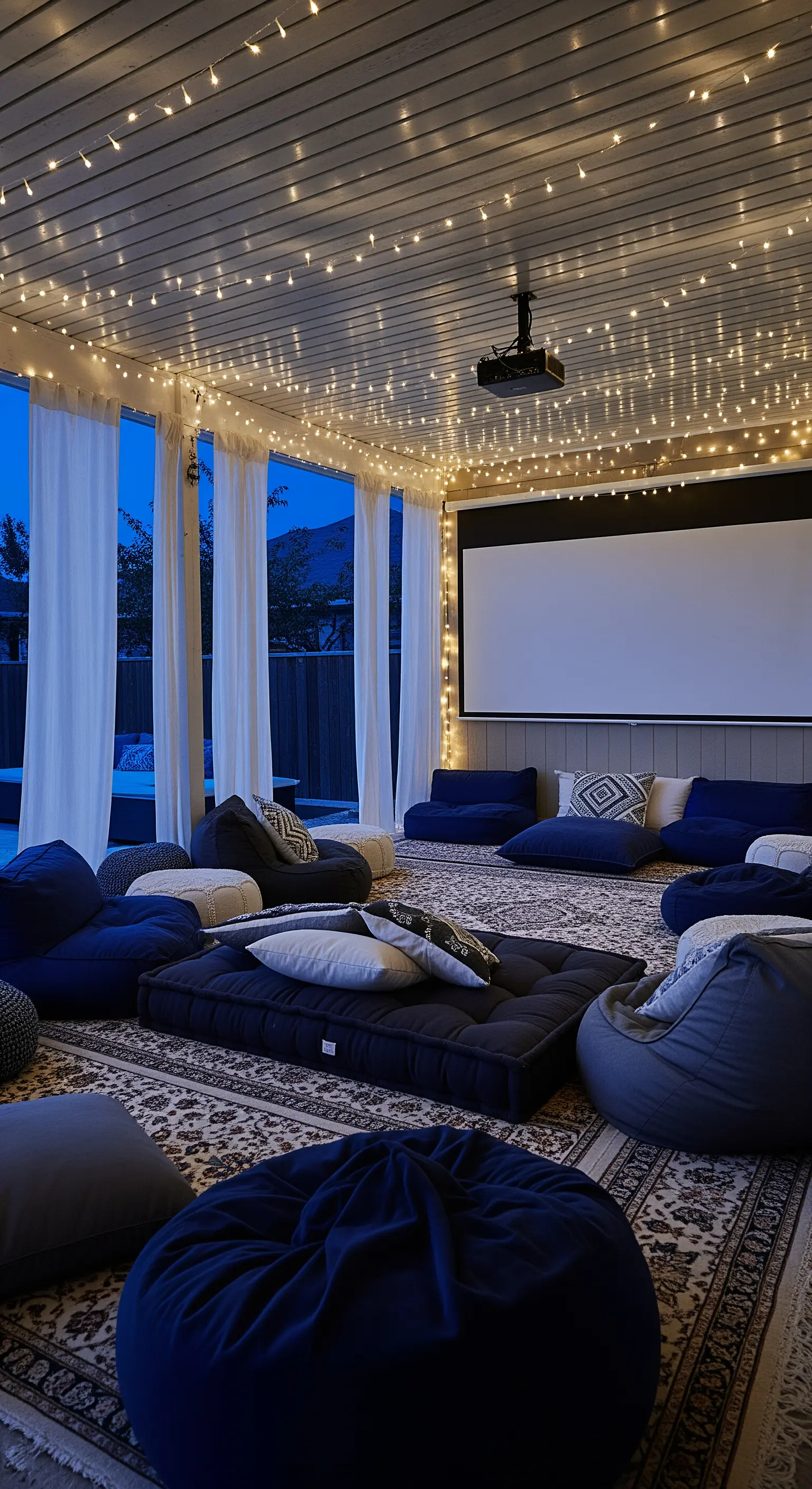 Cinema all'aperto con proiettore, lucine a cascata e cuscini da terra blu.