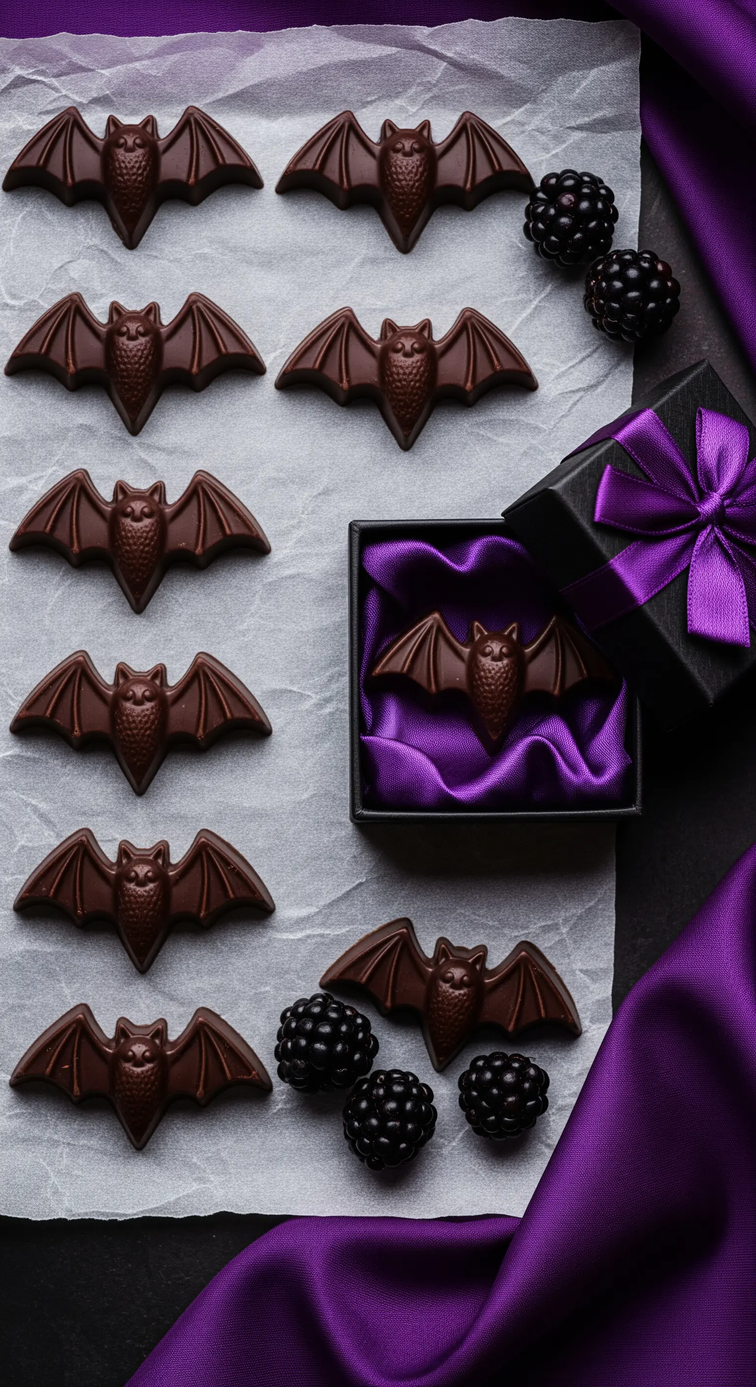 Cioccolatini a forma di pipistrello presentati con un nastro di raso viola e more.
