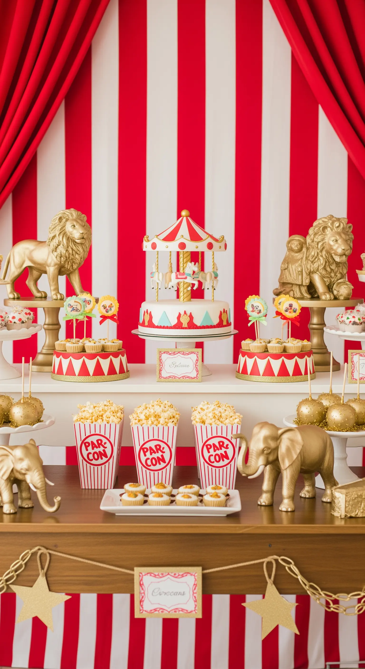 Buffet a tema circo con torta, popcorn, dolci e animali dorati su sfondo a righe rosse e bianche.