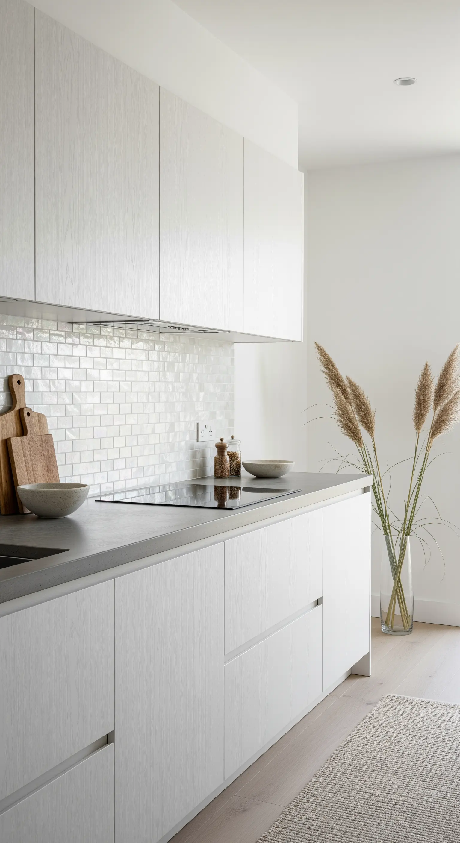 Cucina minimalista bianca con erba delle Pampas in un vaso di vetro.