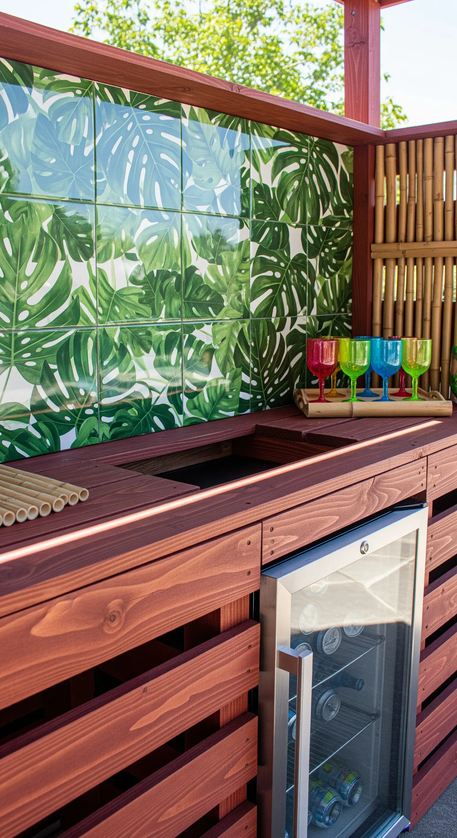 Bar da esterno in legno scuro con frigorifero integrato e backsplash con piastrelle a foglia.