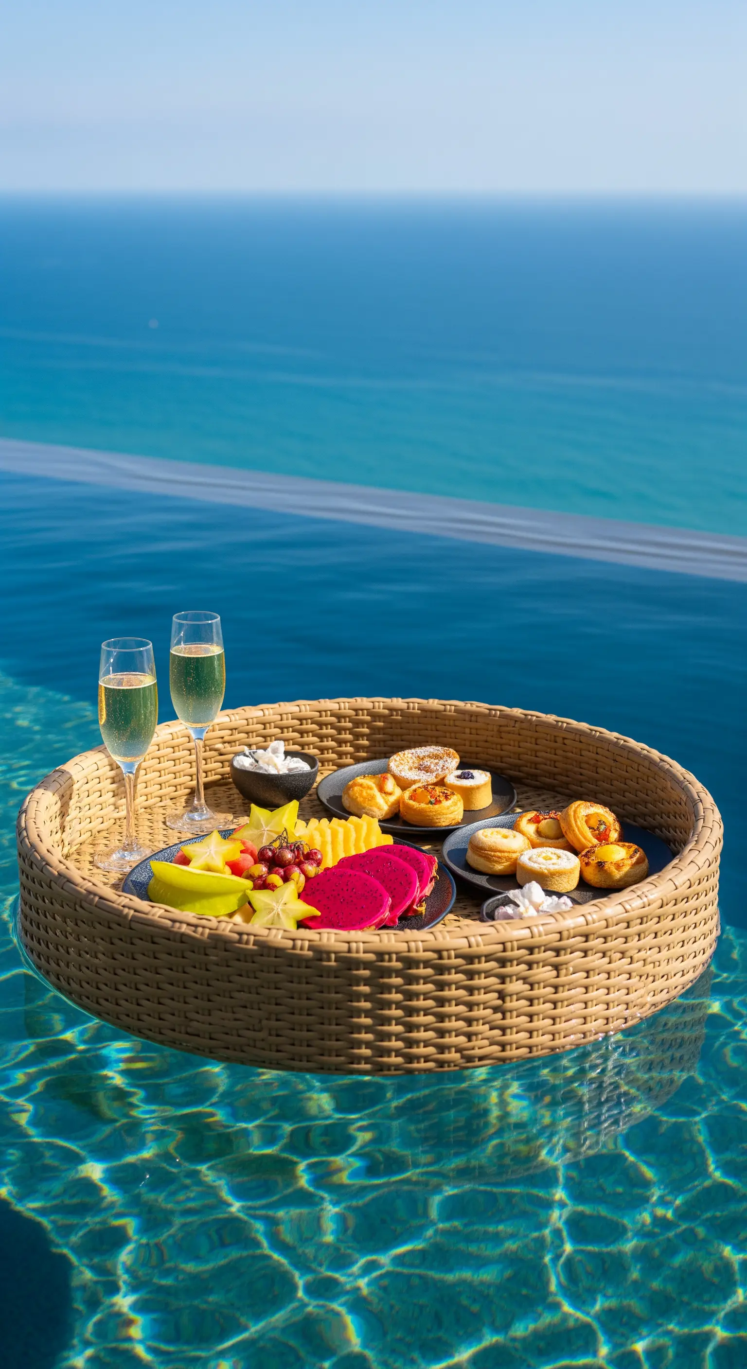 Vassoio galleggiante in rattan con colazione e champagne in una piscina a sfioro sul mare.