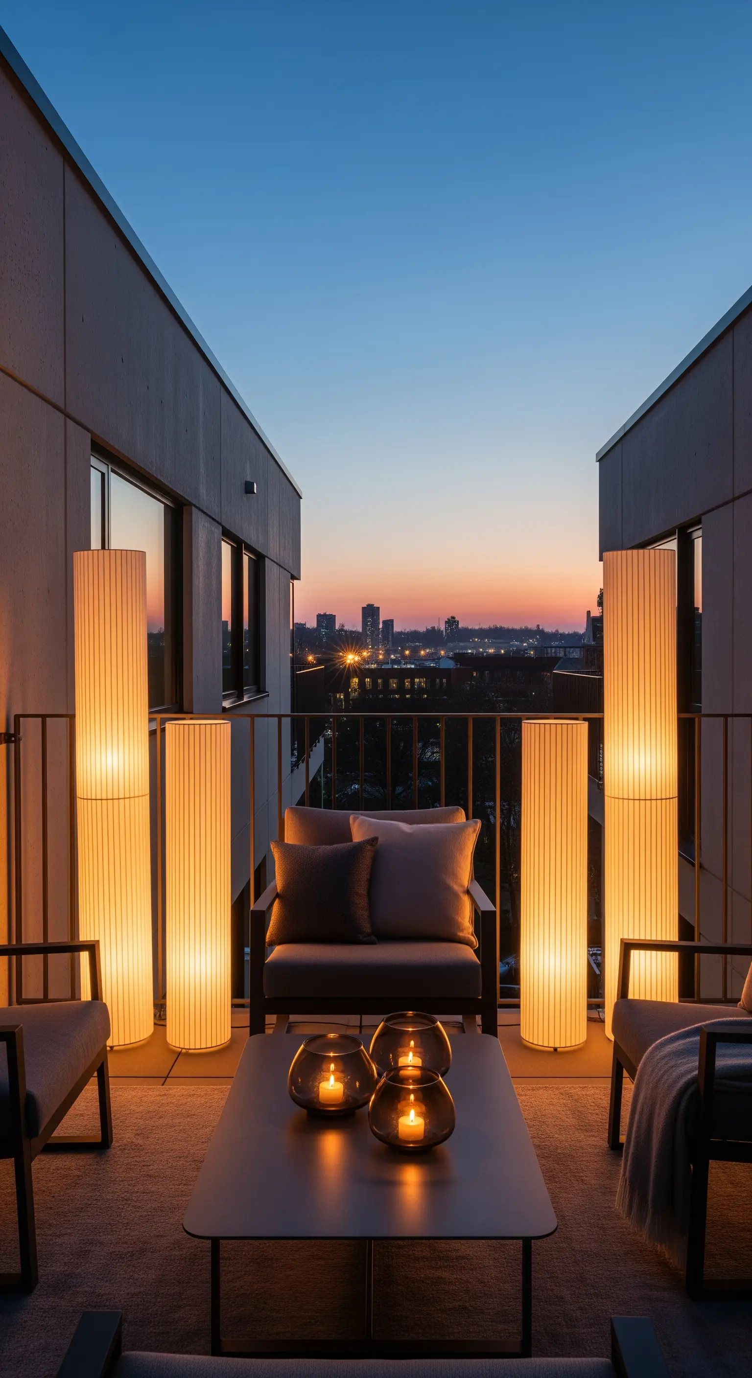 Balcone moderno con quattro lampade da terra cilindriche che creano un'illuminazione d'atmosfera