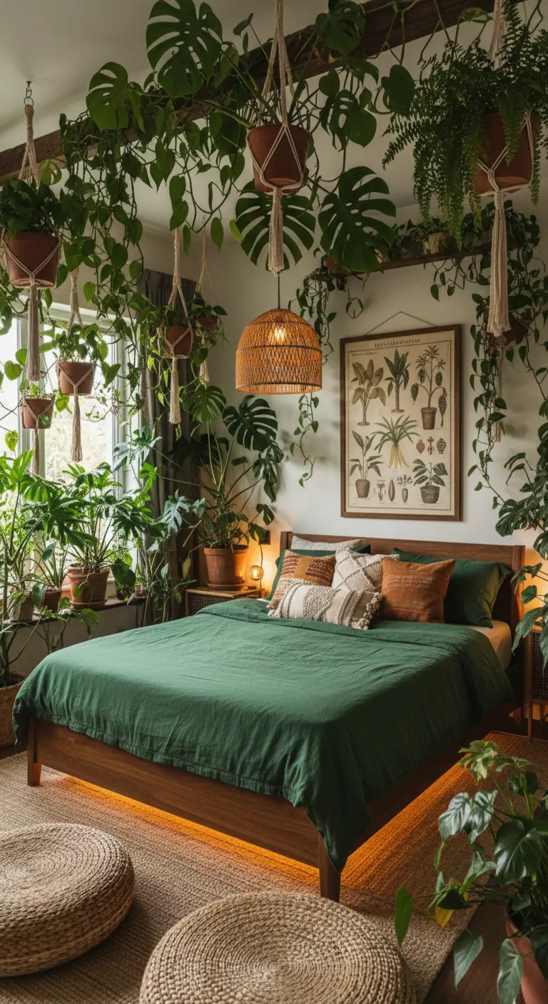 Camera da letto invasa da piante appese e in vaso, con lenzuola verdi.