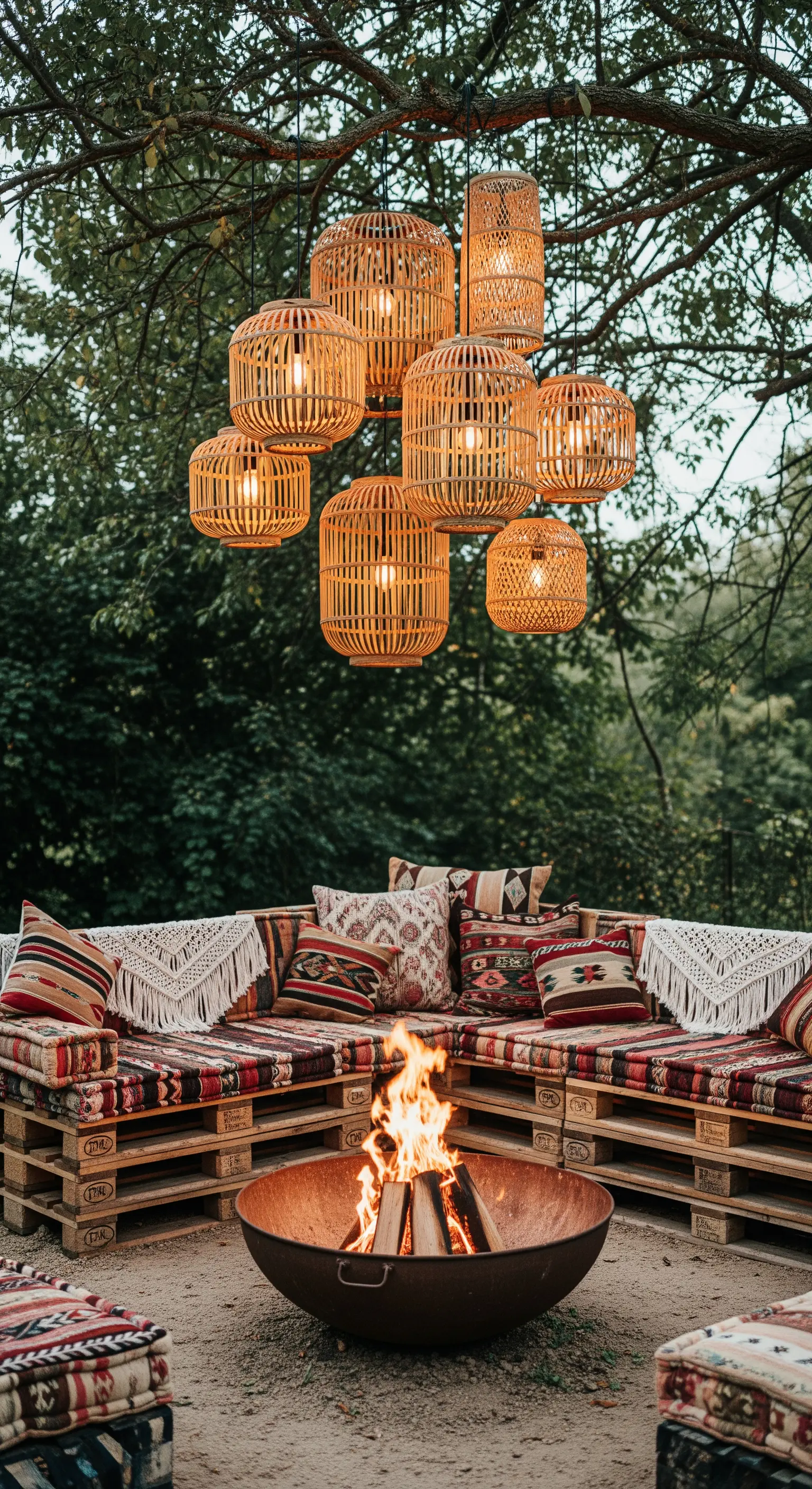 Area lounge con divani in pallet, cuscini etnici, un braciere e un lampadario in rattan.