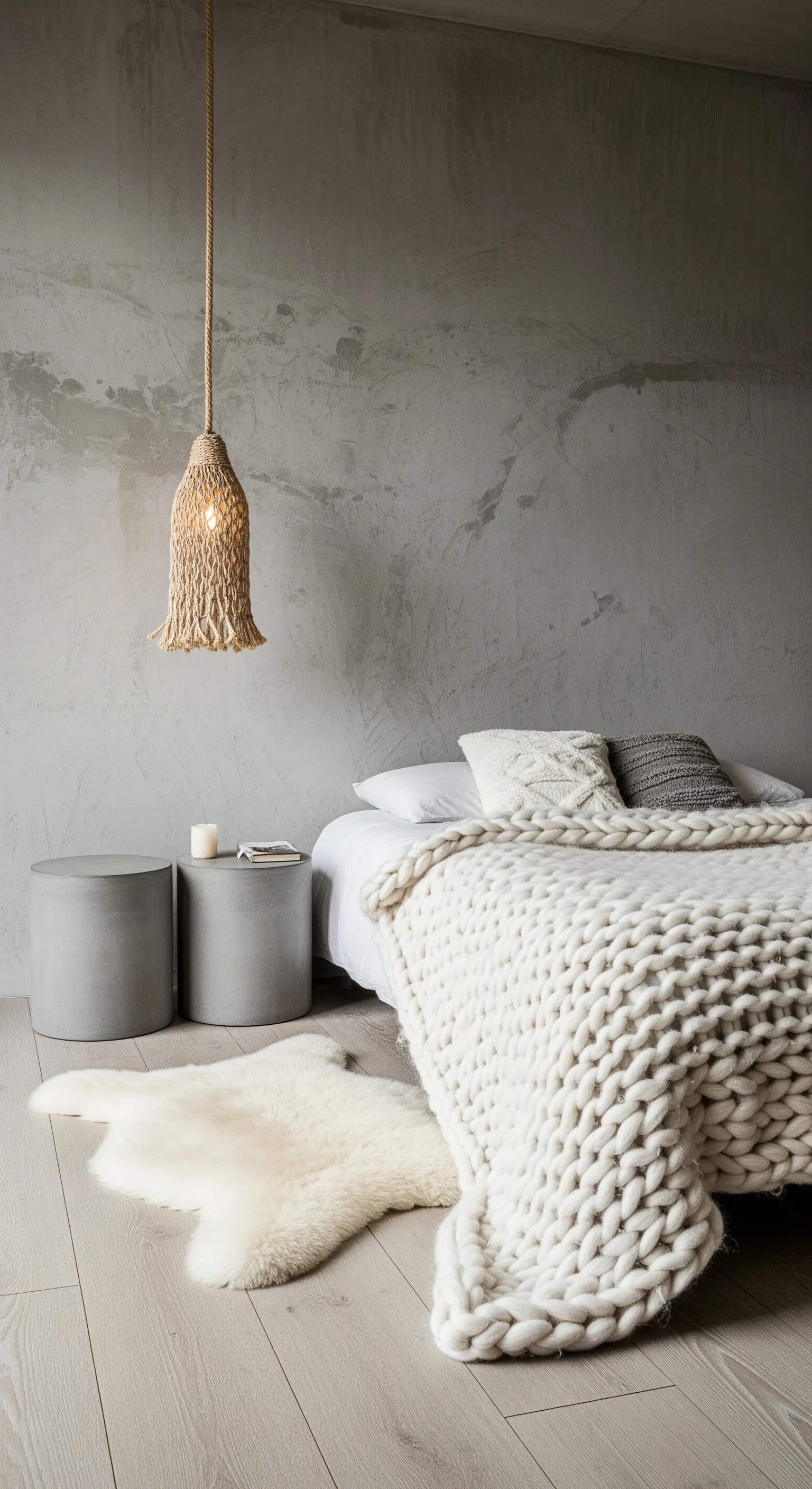 Letto con coperta a maglia grossa, comodini in cemento e tappeto in pelliccia sintetica.