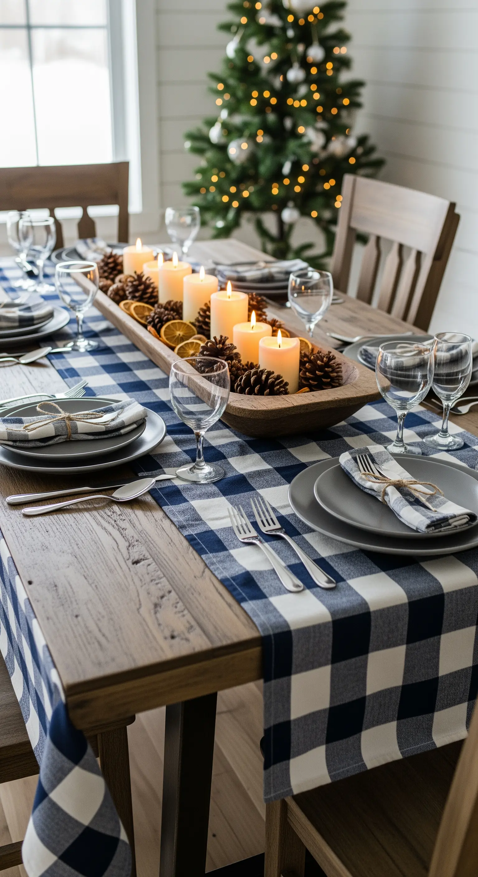 Tavola in legno con runner a quadri blu e centrotavola con candele e pigne.