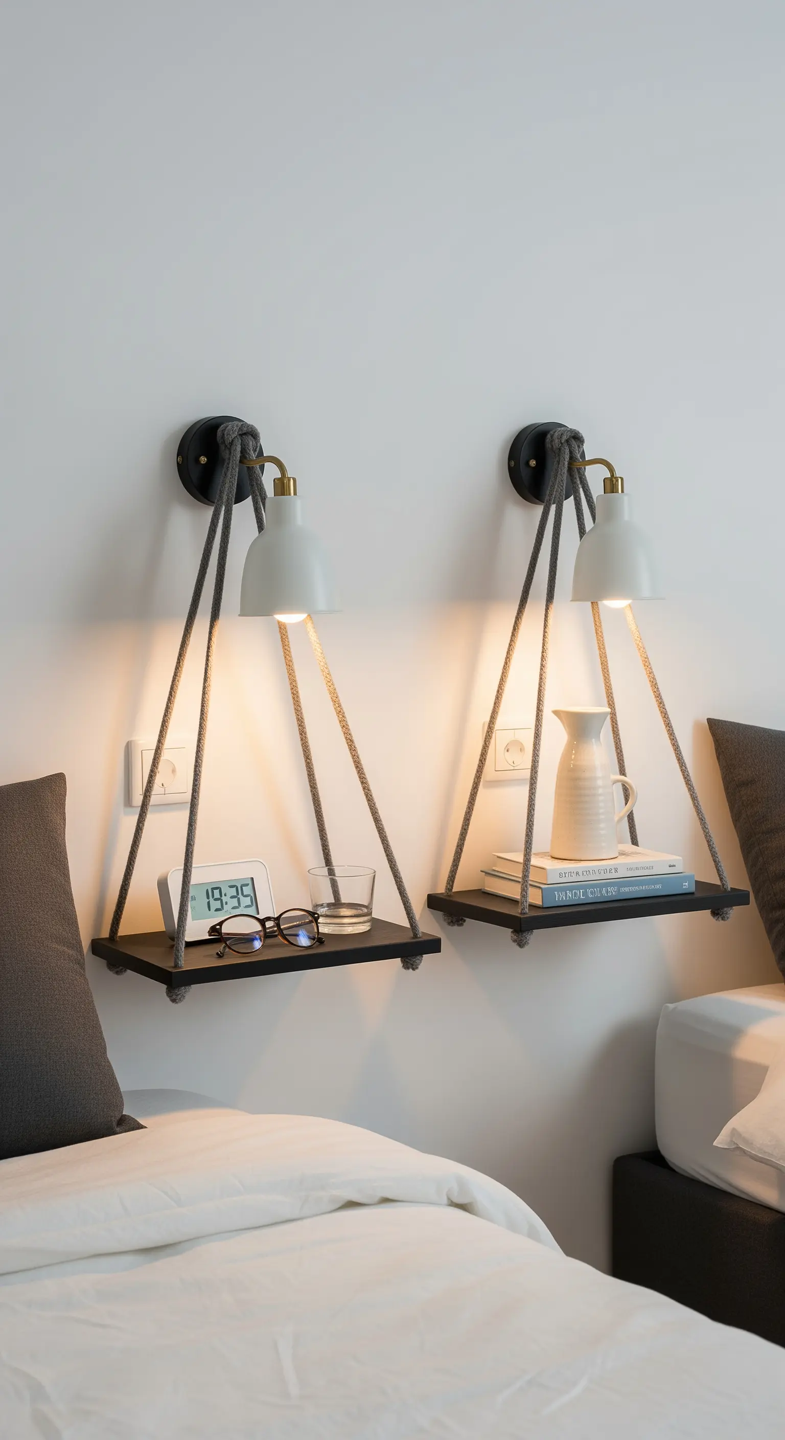 Coppia di mensole-comodino sospese con corde e lampade da parete integrate.