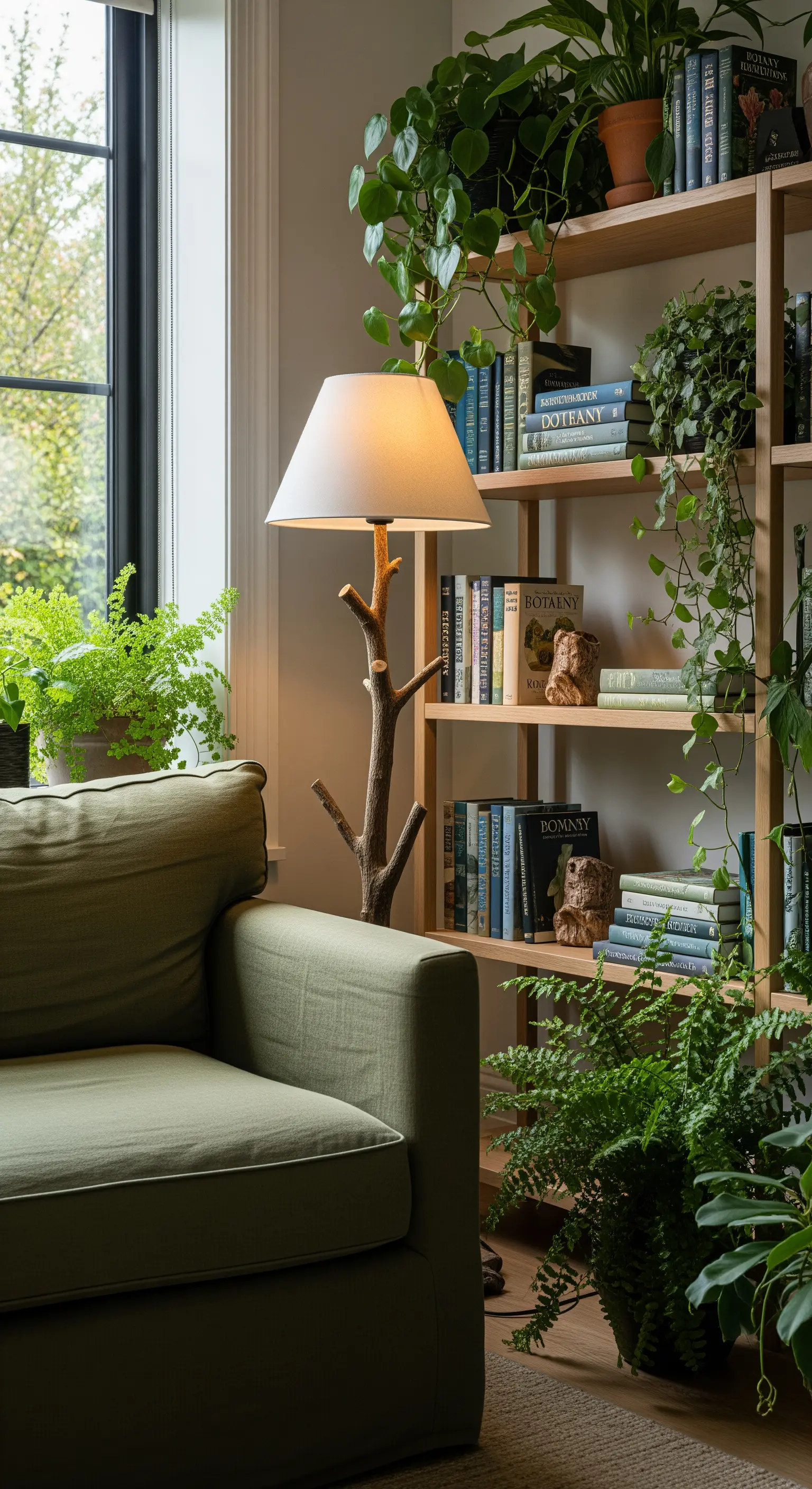 Angolo lettura con divano verde, libreria in legno piena di piante e lampada a forma di ramo.