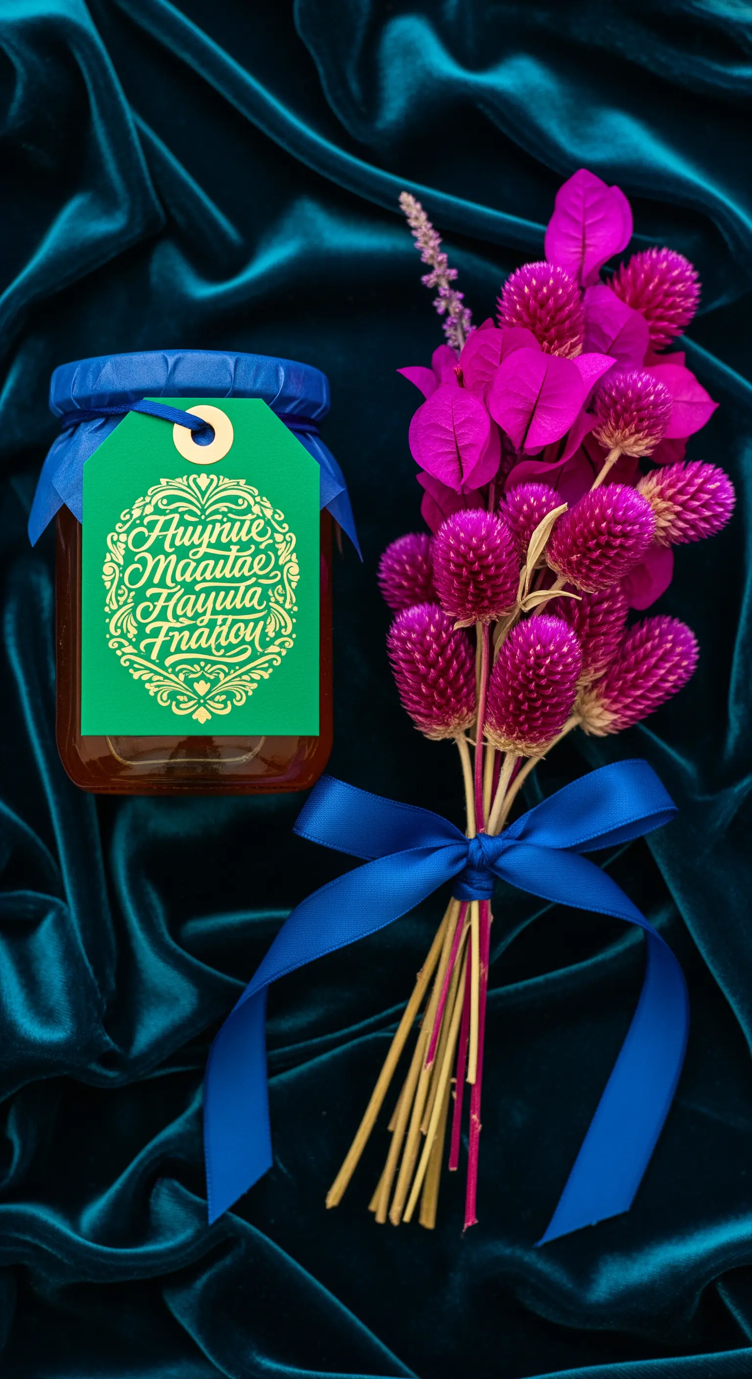 Vasetto di miele con etichetta verde brillante e nastro blu, accostato a fiori fucsia.