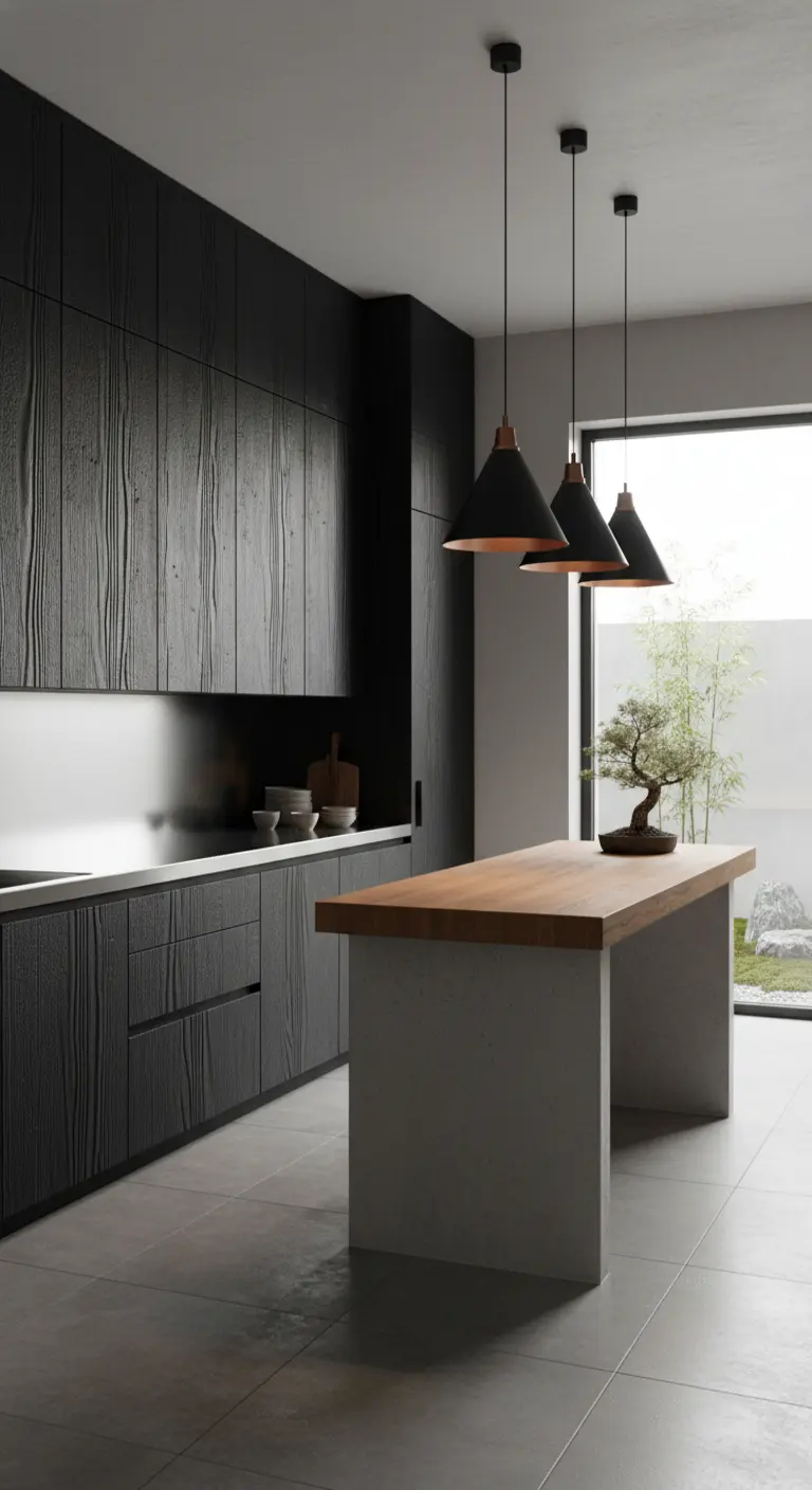 Cucina minimalista con mobili in legno scuro e lampade nere con interno in rame.