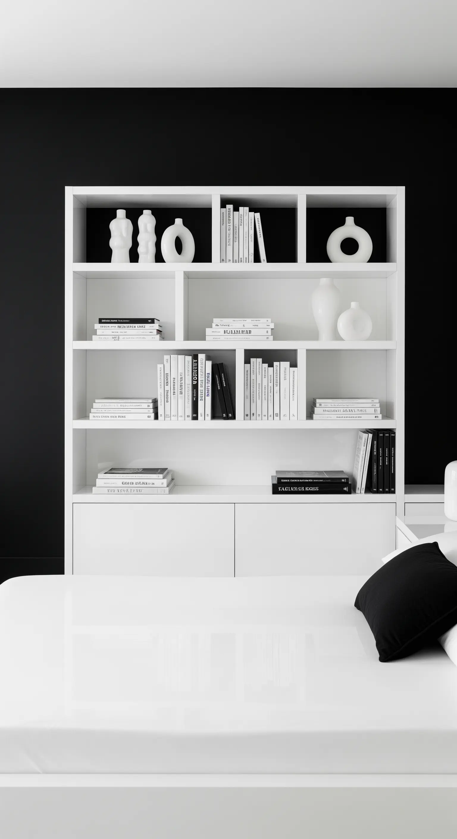 Libreria bianca modulare contro una parete nera in una camera da letto minimalista.