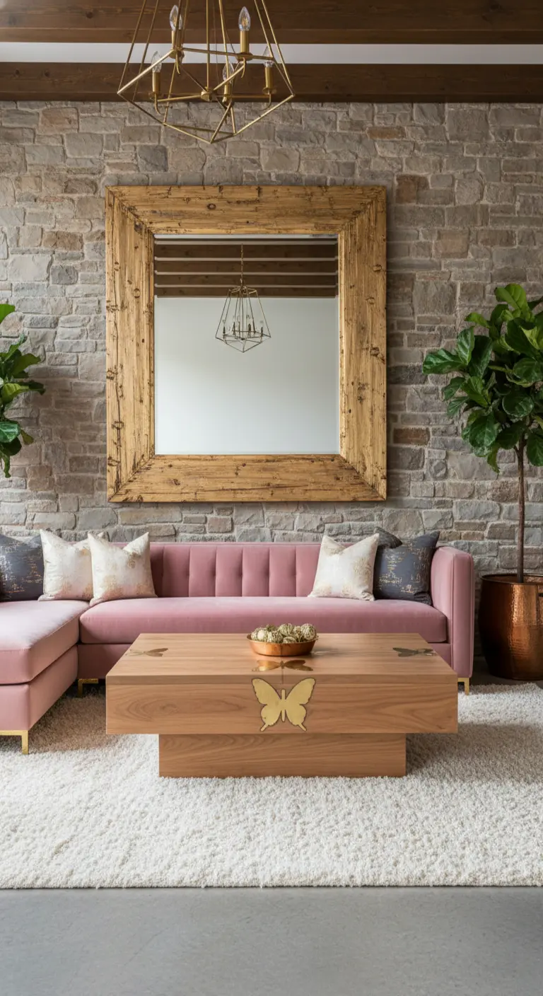Grande specchio con cornice in legno grezzo su una parete in pietra, con divano rosa.