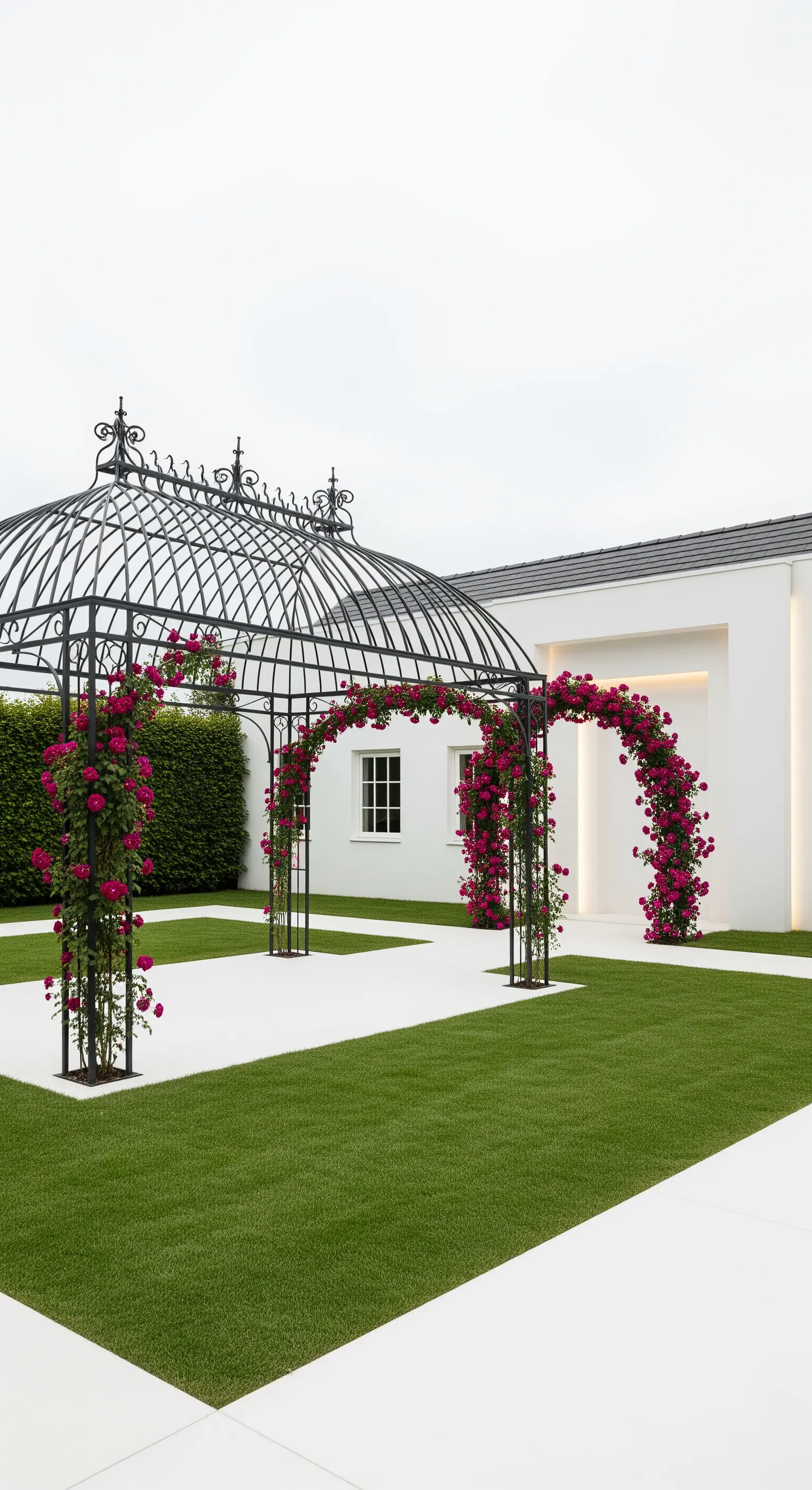 Gazebo e archi neri con rose fucsia in un giardino moderno con camminamenti bianchi.