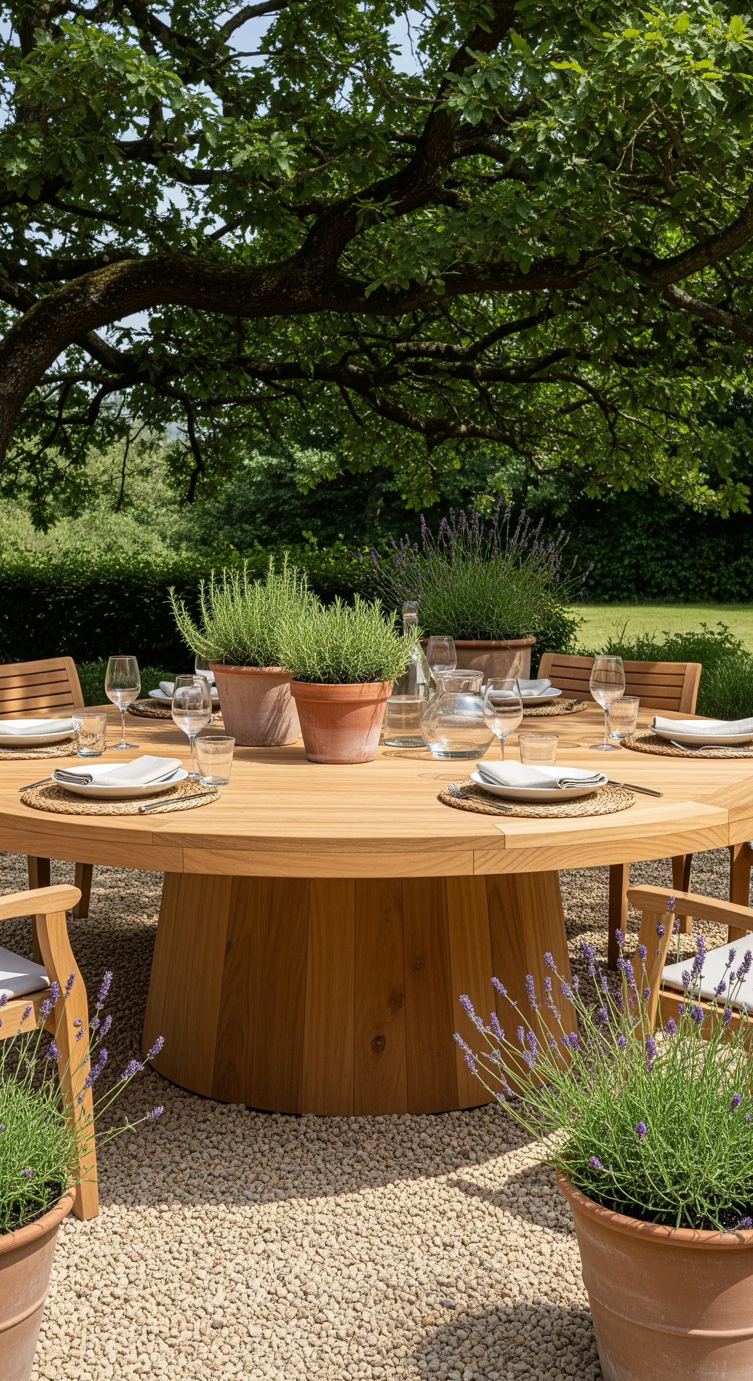 Grande tavolo rotondo in teak per esterni, circondato da vasi di lavanda.