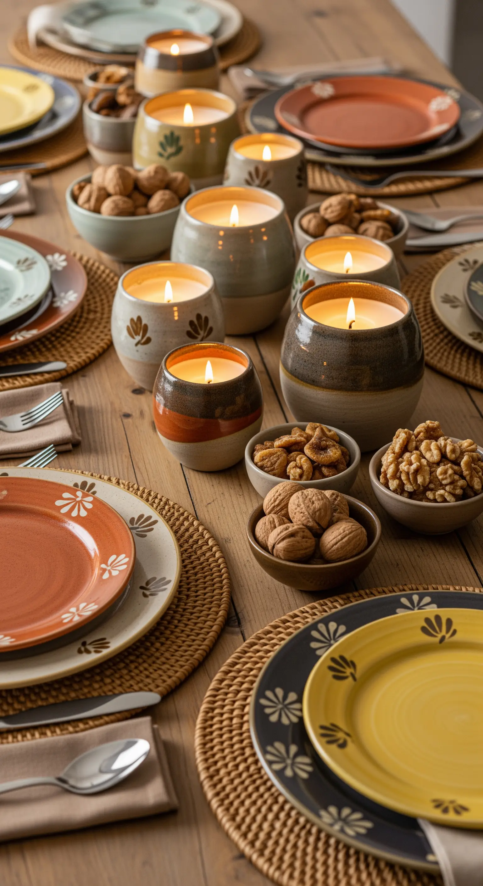Tavola rustica con ciotole di noci, piatti in ceramica colorata e sottopiatti in rattan.