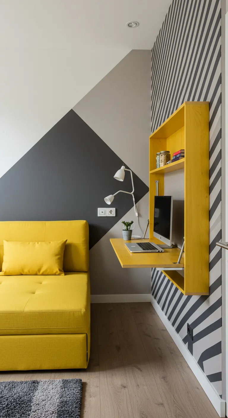 Divano-letto giallo e scrivania a ribalta gialla contro una parete a motivi geometrici.