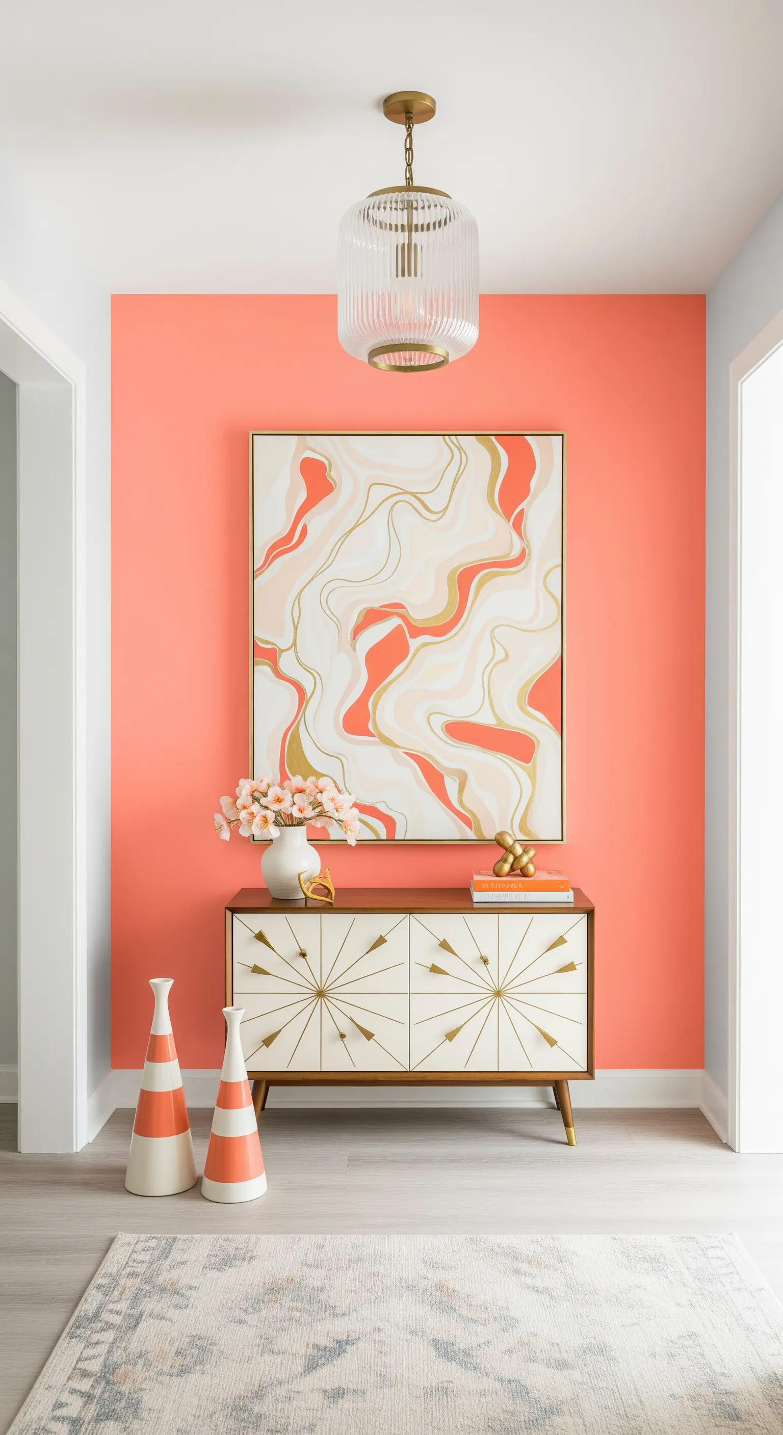 Parete d'accento color corallo con credenza bianca e oro e un grande quadro astratto.