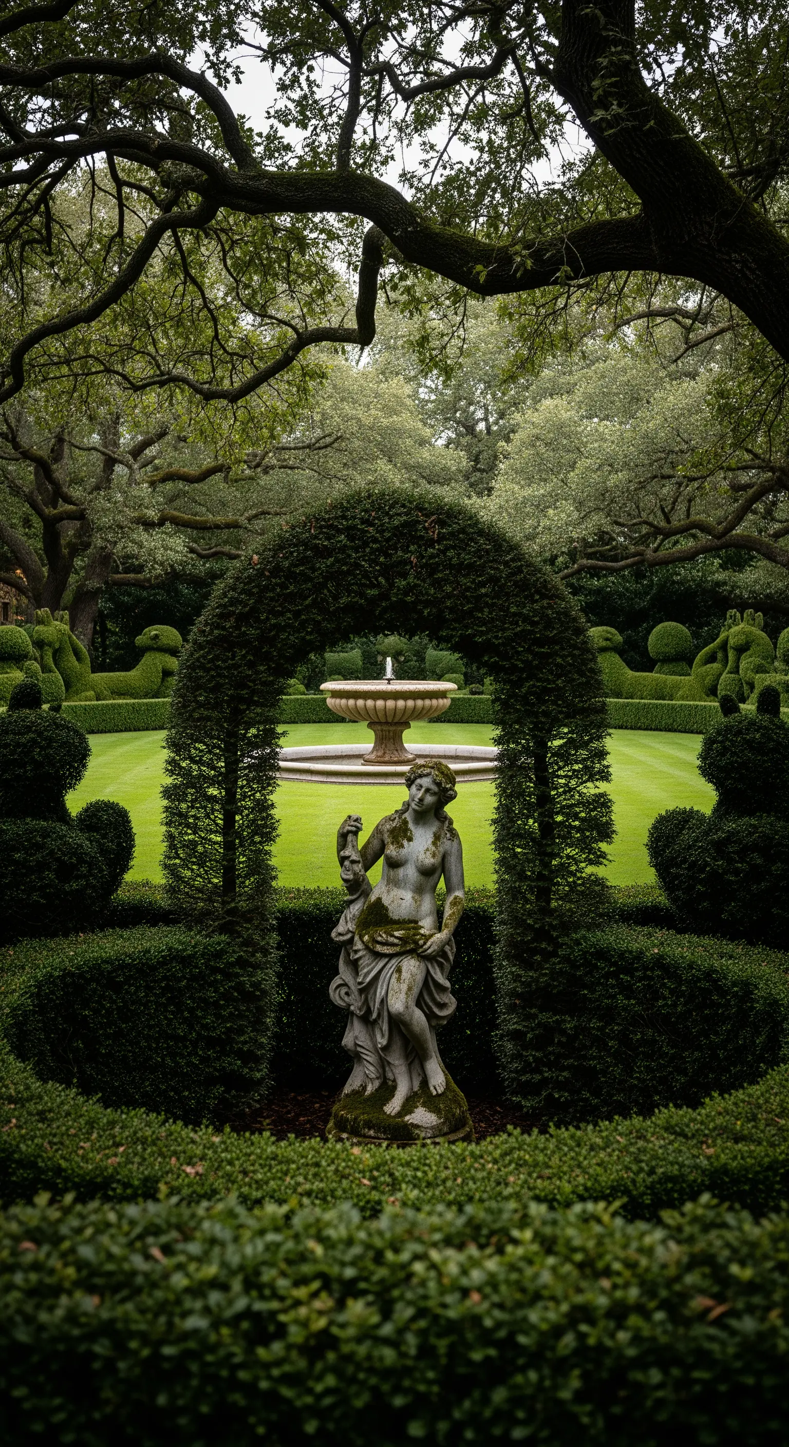 Statua classica incorniciata da un arco di siepe che si affaccia su un giardino formale.