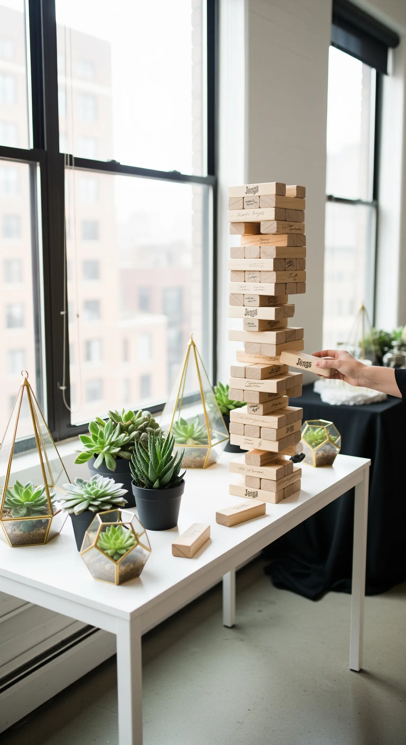 Torre di Jenga usata come guestbook alternativo con messaggi sui blocchi