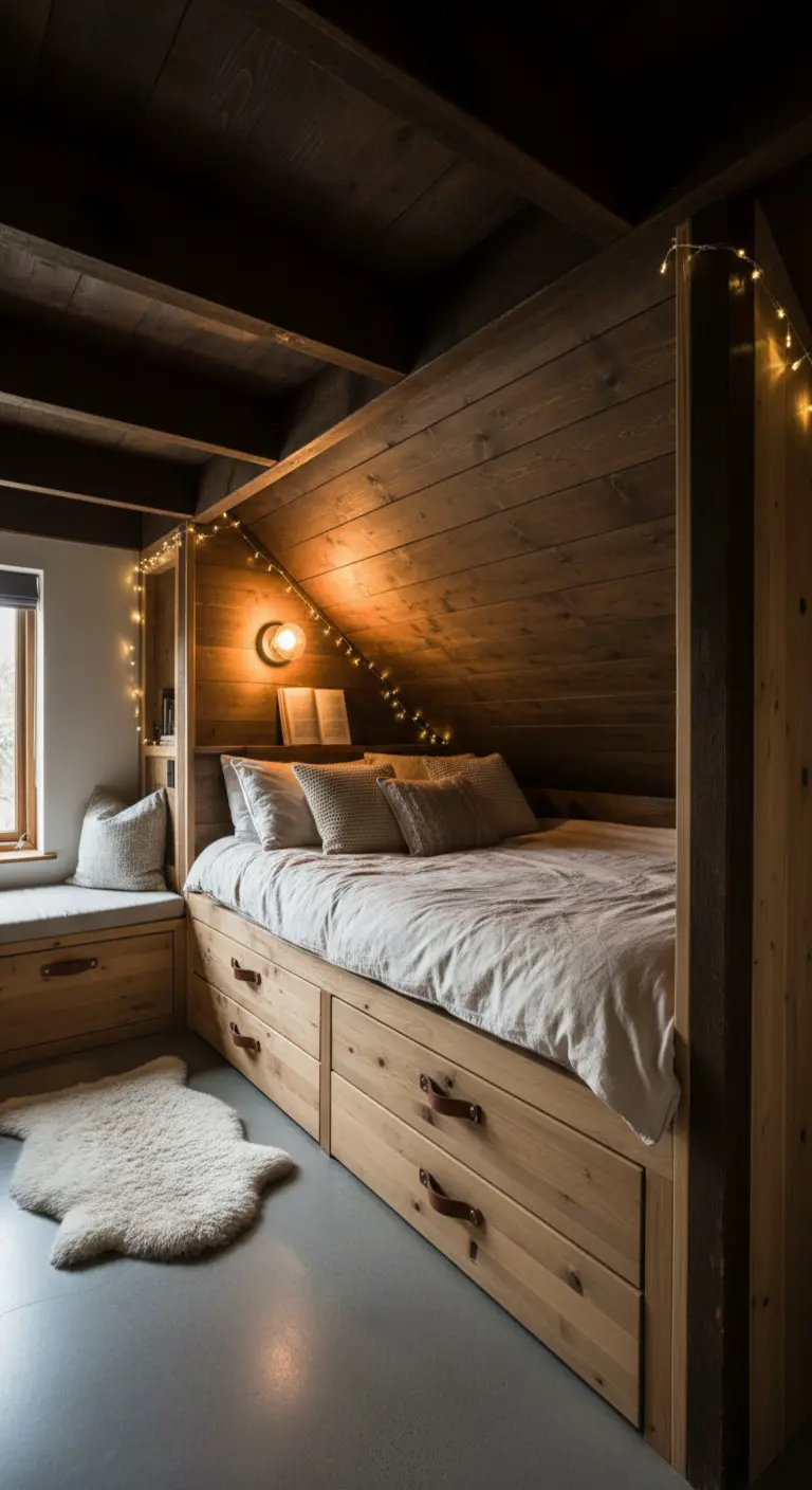 Letto inserito in una struttura-alcova in legno con cassettoni e lucine calde.