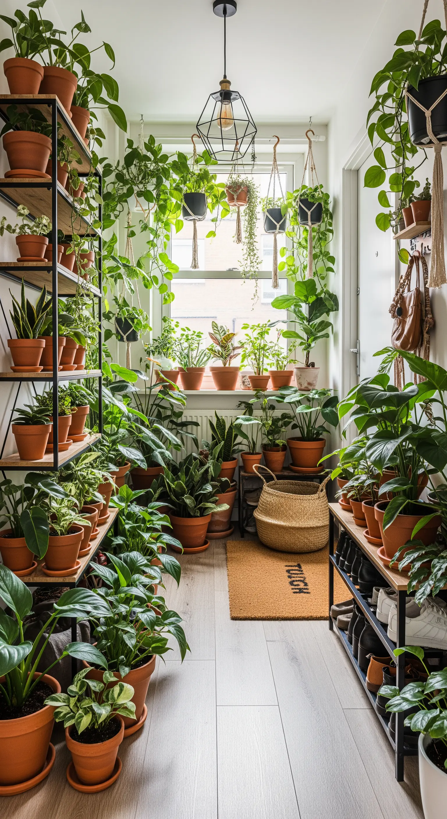 Ingresso stretto e lungo pieno di piante su scaffali metallici, con vasi in terracotta.