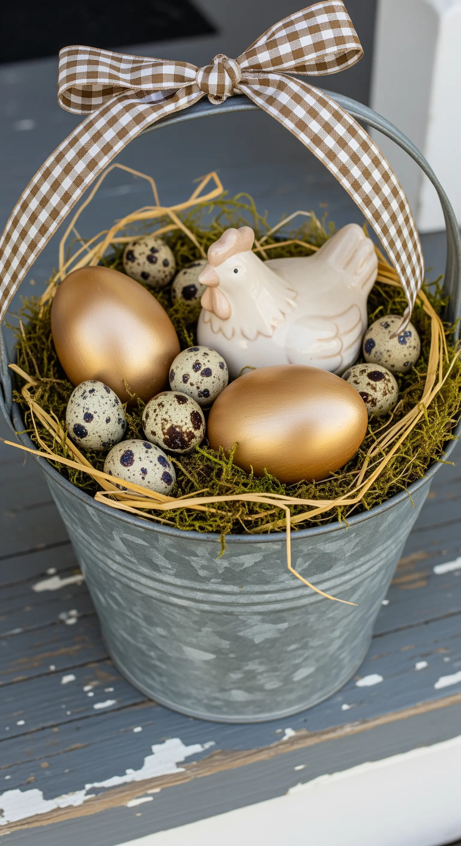 Secchiello di latta con paglia, gallina in ceramica, uova dorate e di quaglia.