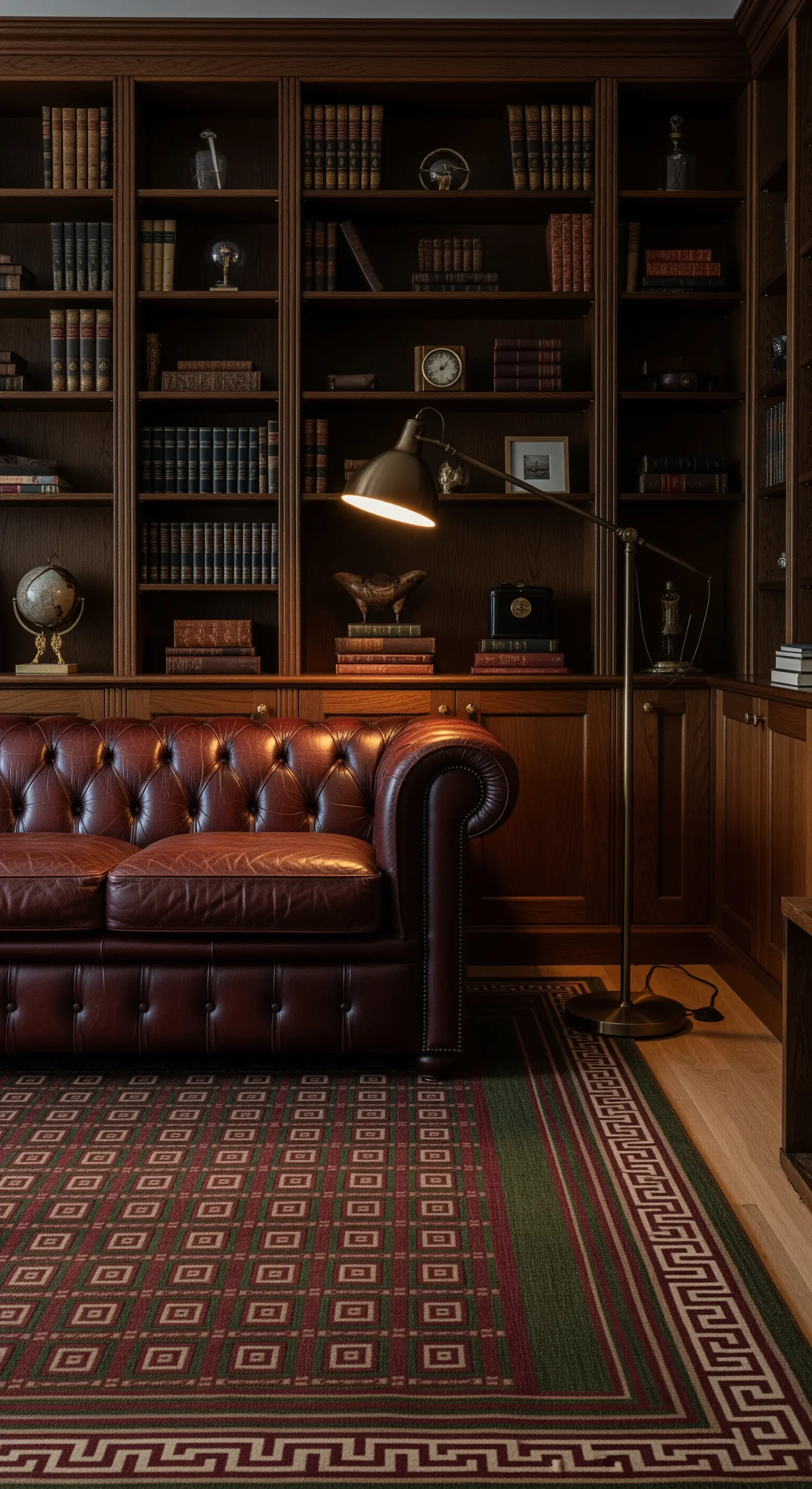 Angolo studio con divano Chesterfield in pelle, libreria in legno scuro e lampada da lettura.