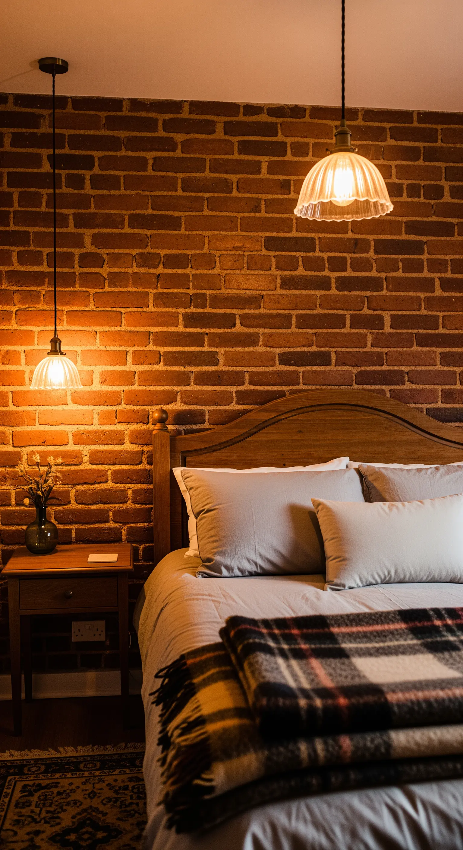 Dettaglio di un letto in legno con lampade a sospensione con paralume in vetro su una parete di mattoni.