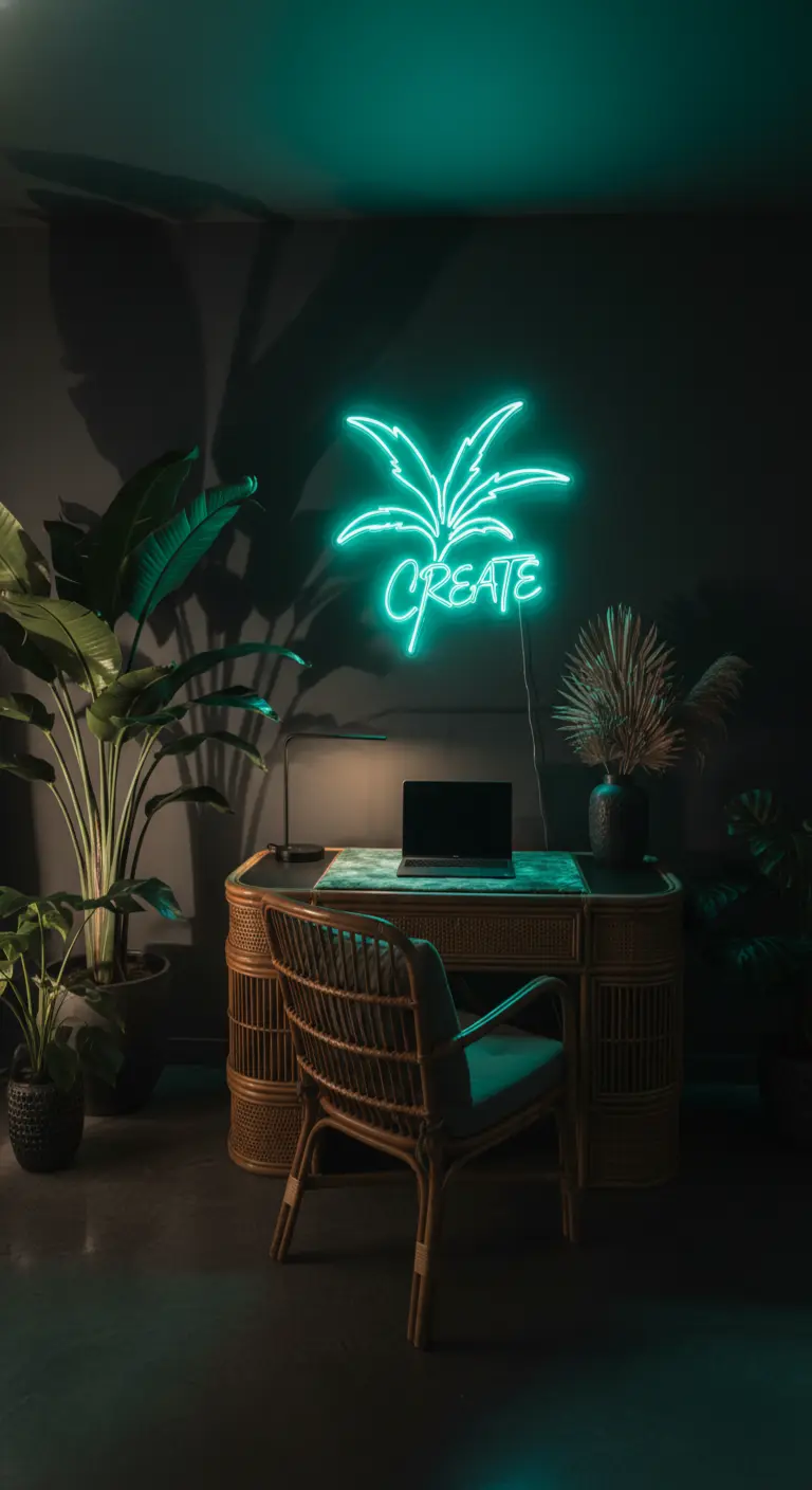 Scrivania in rattan in una stanza buia, illuminata da un'insegna al neon a forma di palma.