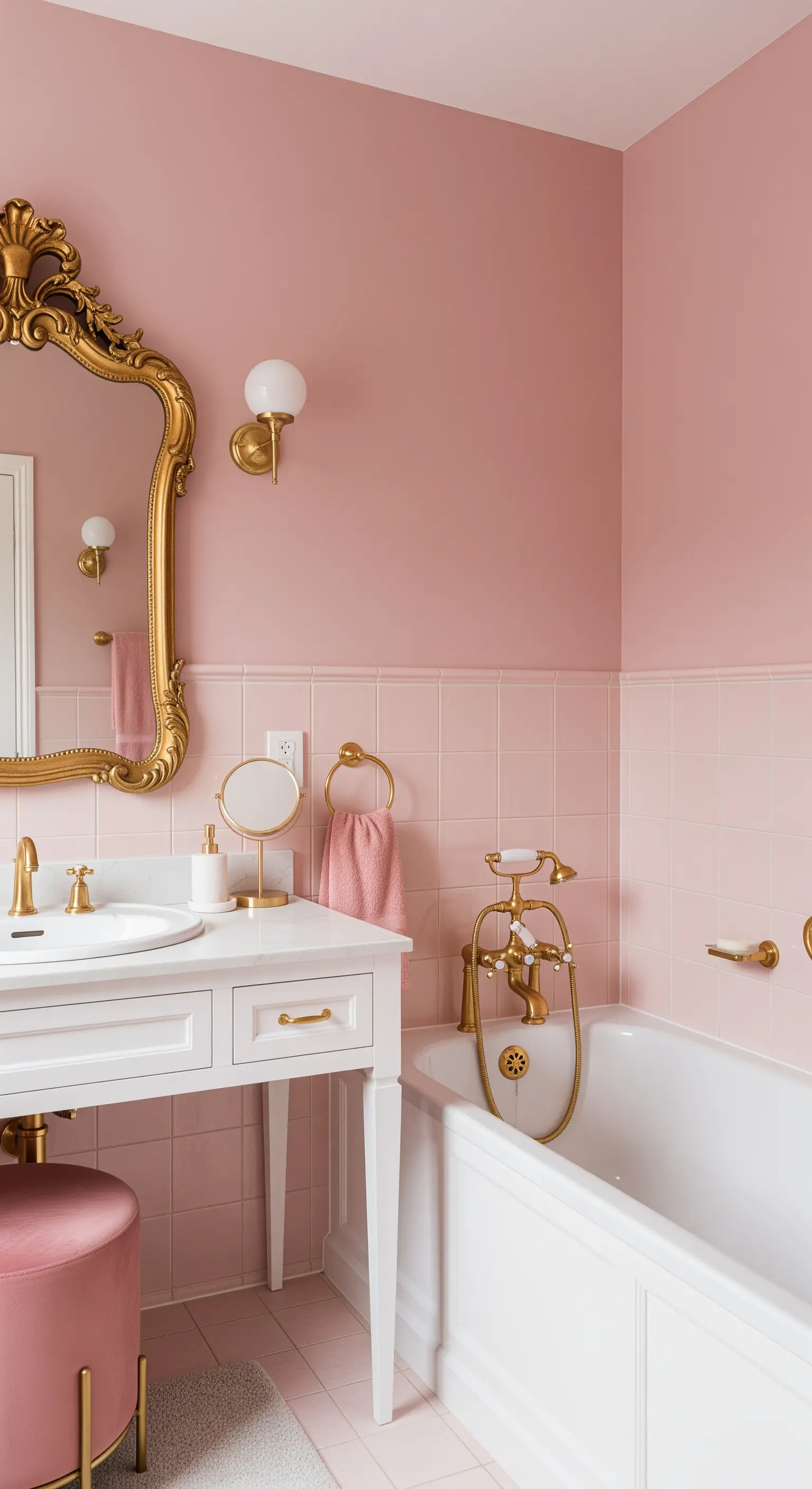 Bagno rosa con piastrelle, pareti e dettagli in diverse sfumature di rosa e oro.