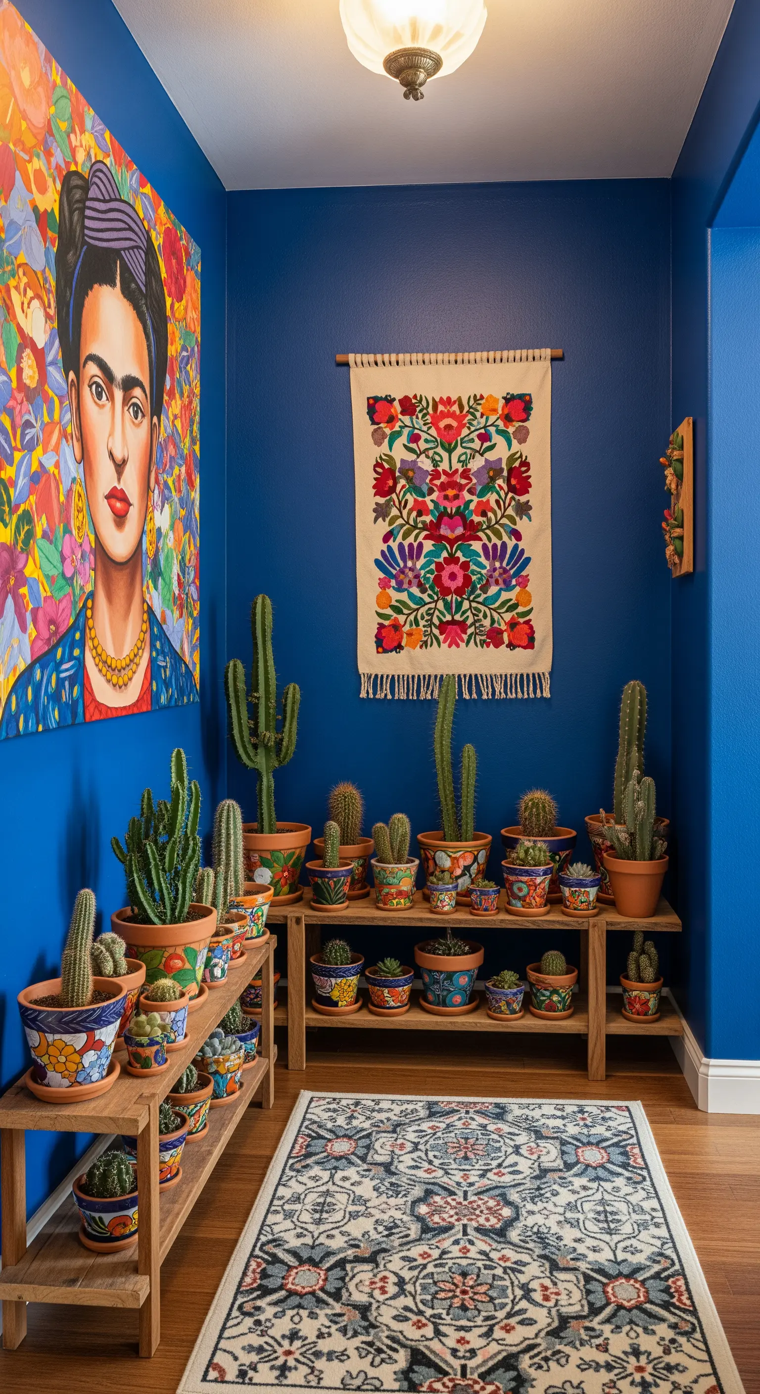 Angolo blu cobalto con ritratto di Frida Kahlo, arazzo floreale e una collezione di cactus.