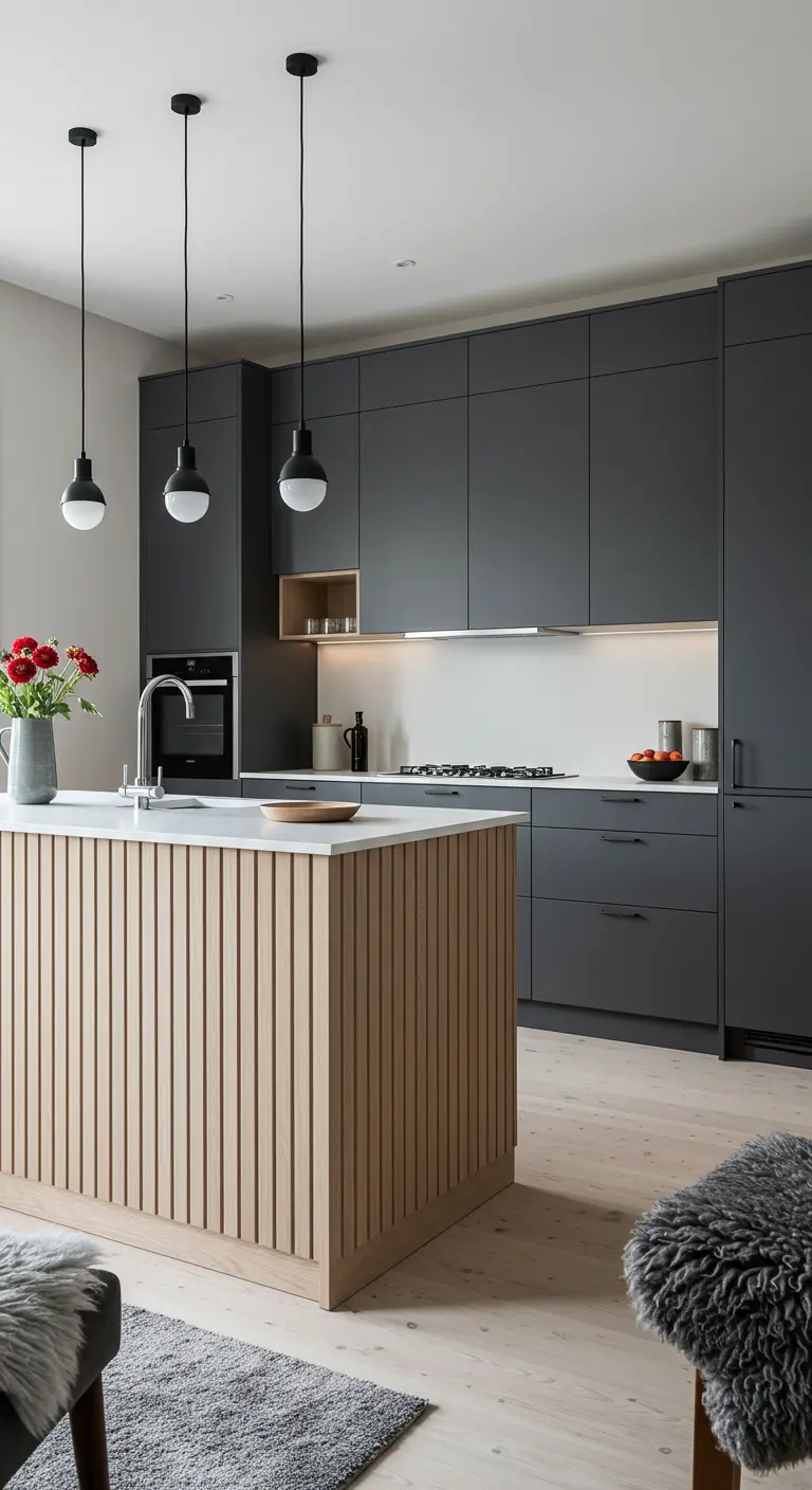 Cucina moderna con mobili scuri e isola centrale rivestita con listelli di legno chiaro.