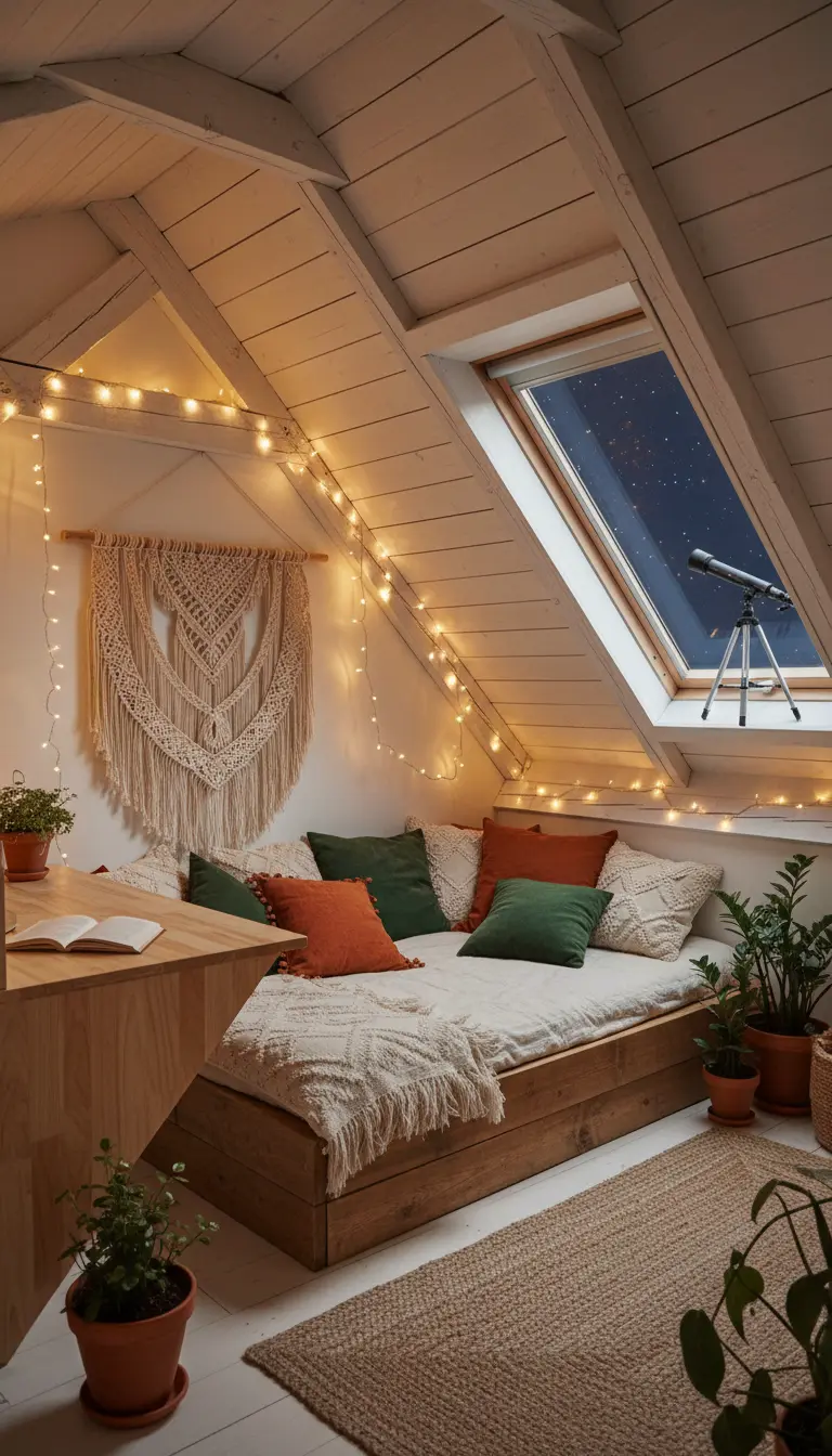 Angolo letto in una mansarda accogliente con travi a vista, luci a stringa e cuscini.
