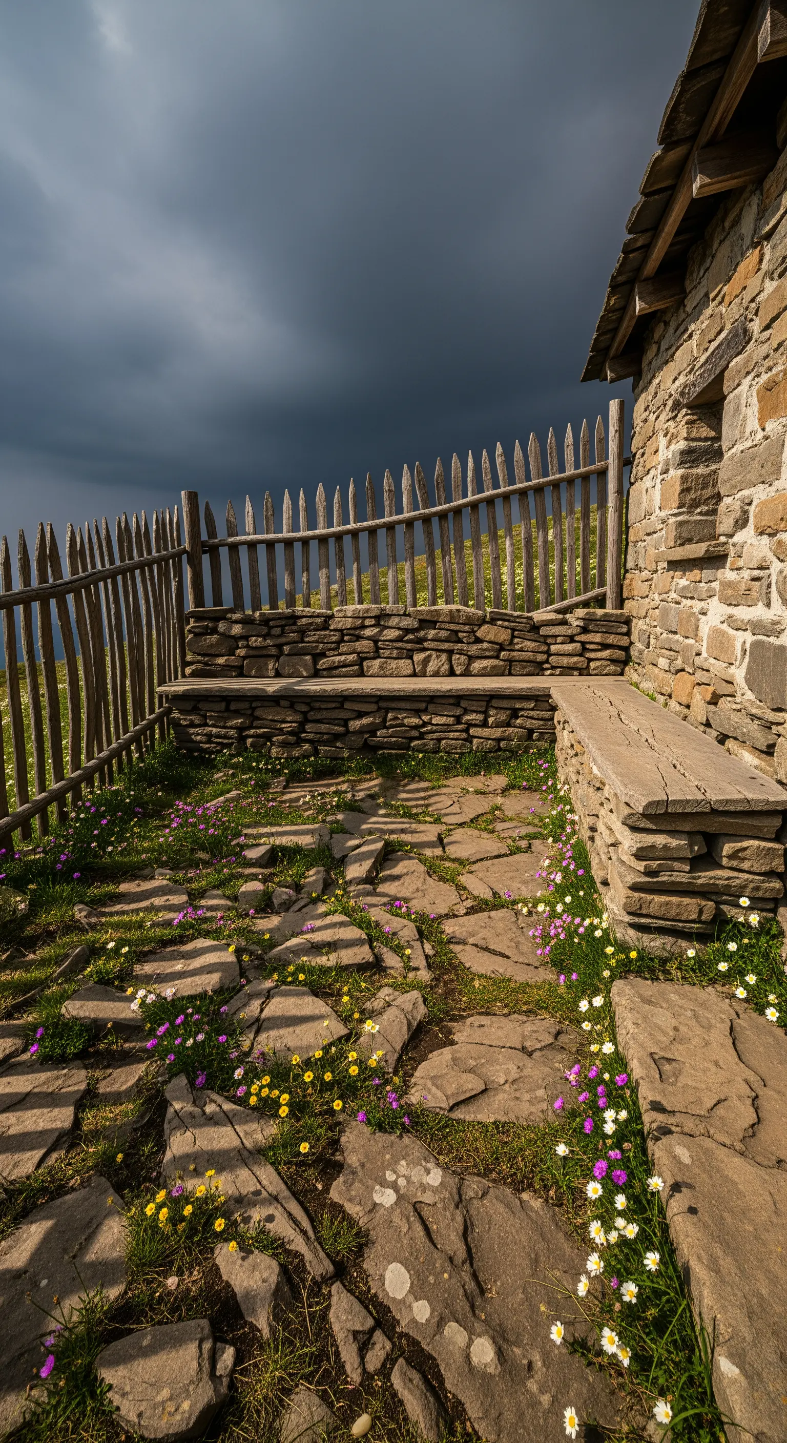 Patio rustico con panche in pietra a secco, pavimento irregolare e fiori spontanei.