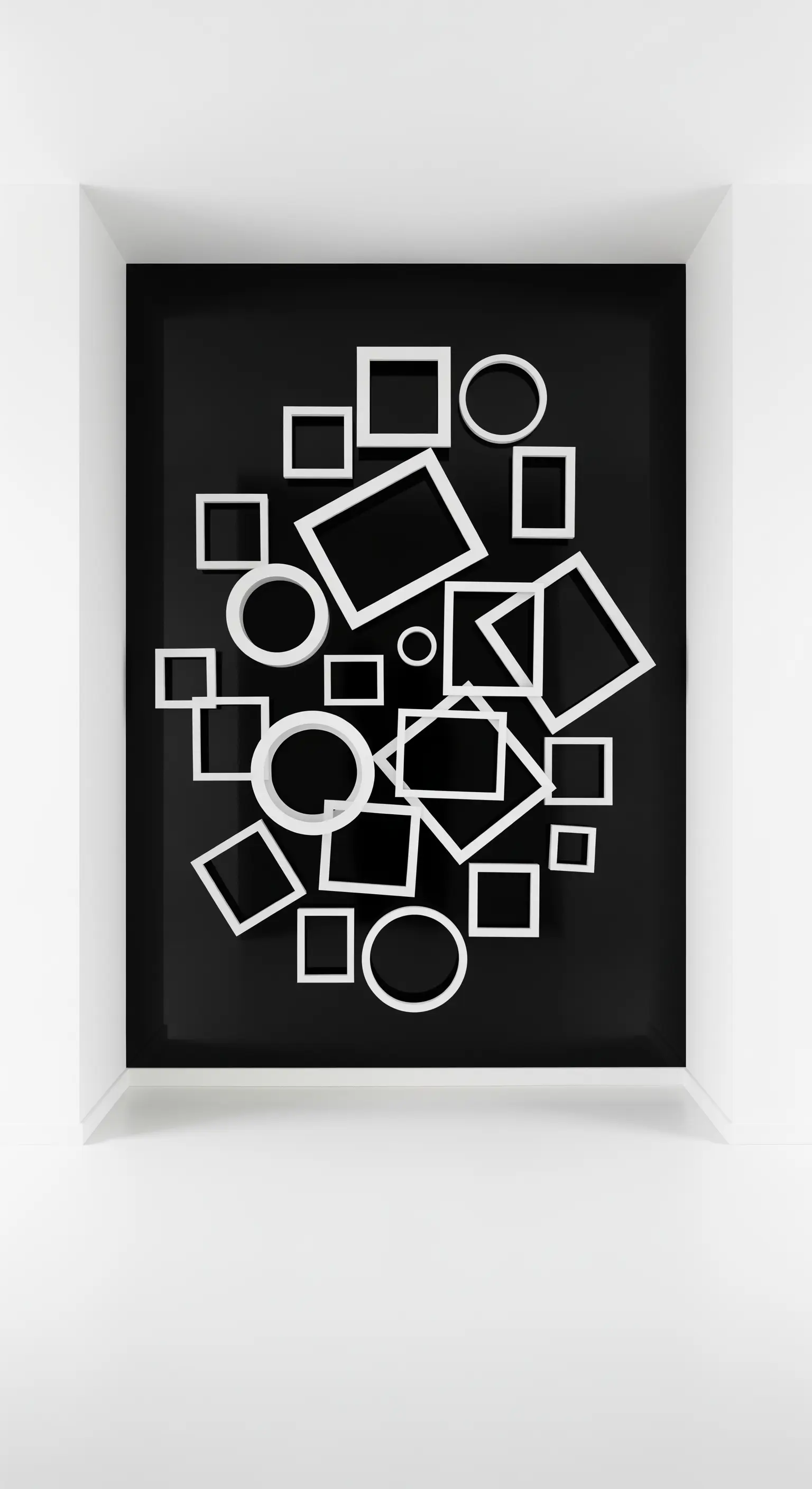 Installazione artistica in una nicchia nera, composta da una collage di cornici bianche vuote sovrapposte.