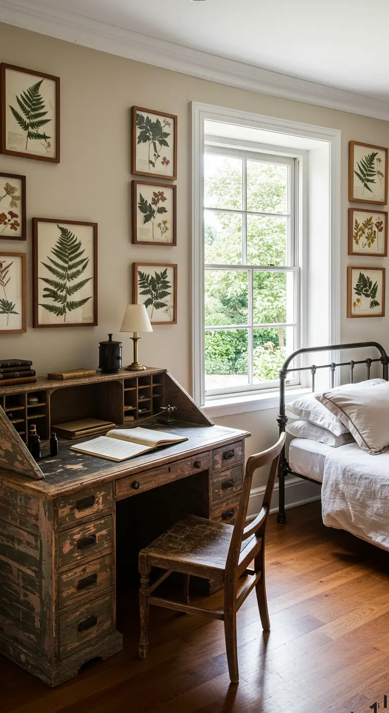 Scrivania antica in legno scuro decapato con una collezione di stampe botaniche incorniciate.