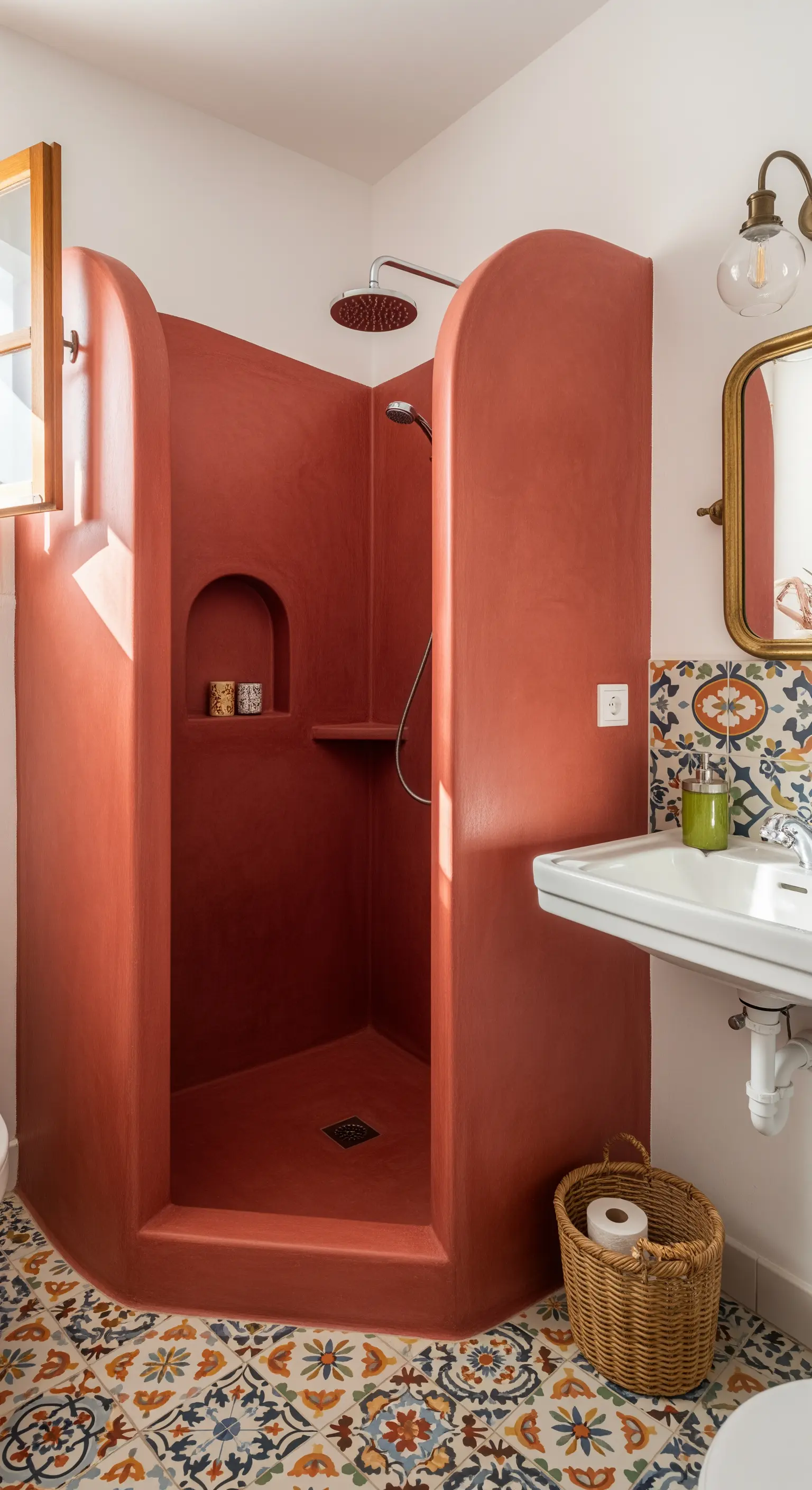 Doccia in muratura color terracotta, pavimento con cementine decorate e lavabo bianco.