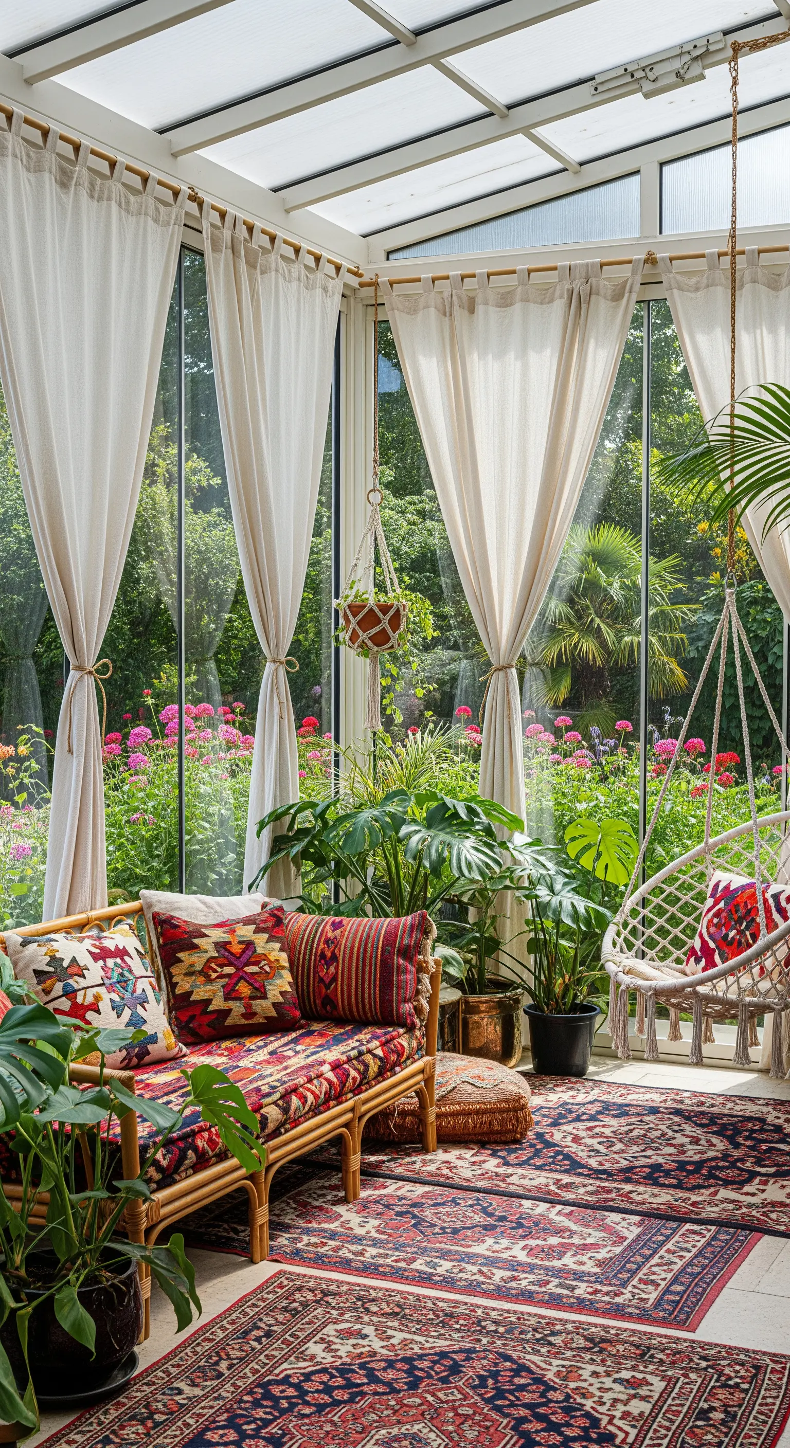 Veranda in stile boho con divano in bambù, tappeti persiani e piante rigogliose.