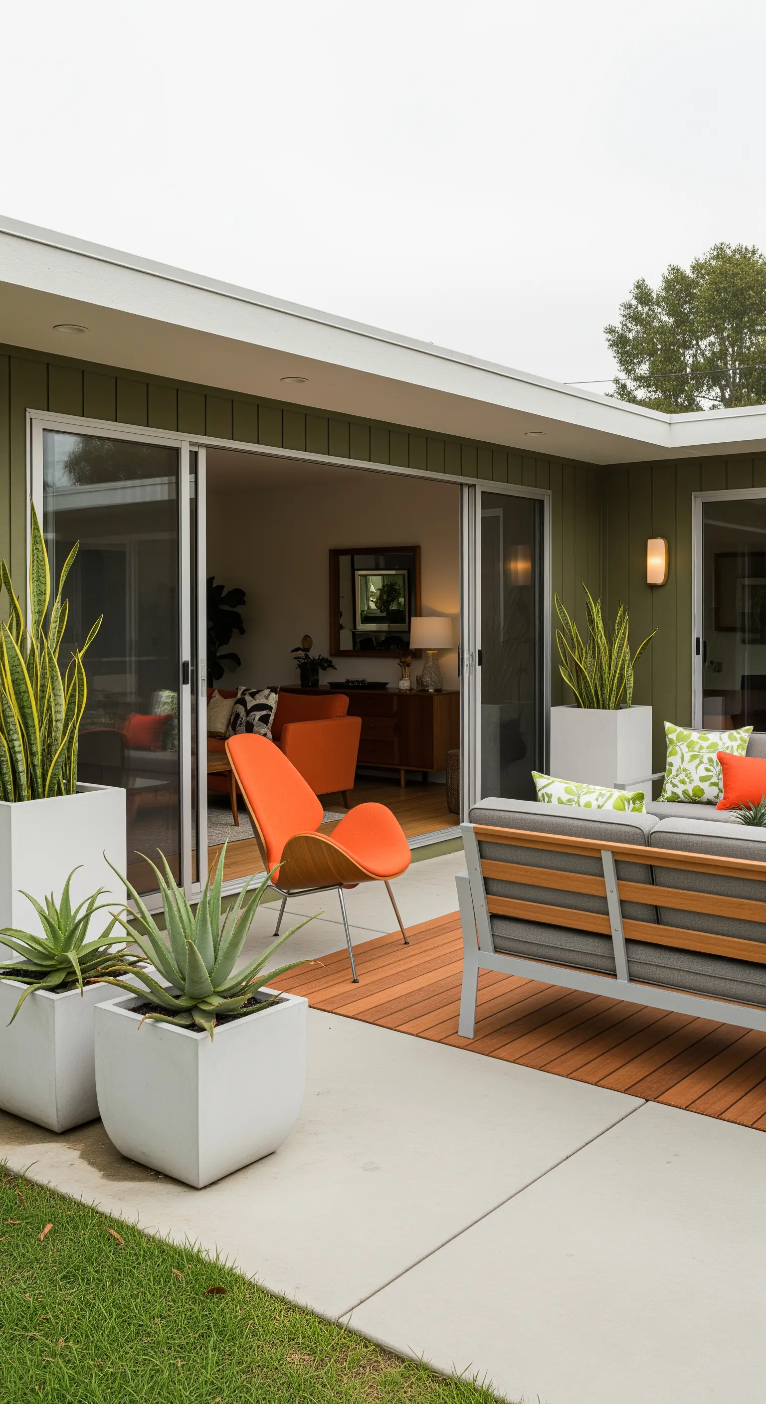 Patio moderno con poltrona arancione e divano grigio, collegato a un soggiorno con porta scorrevole.
